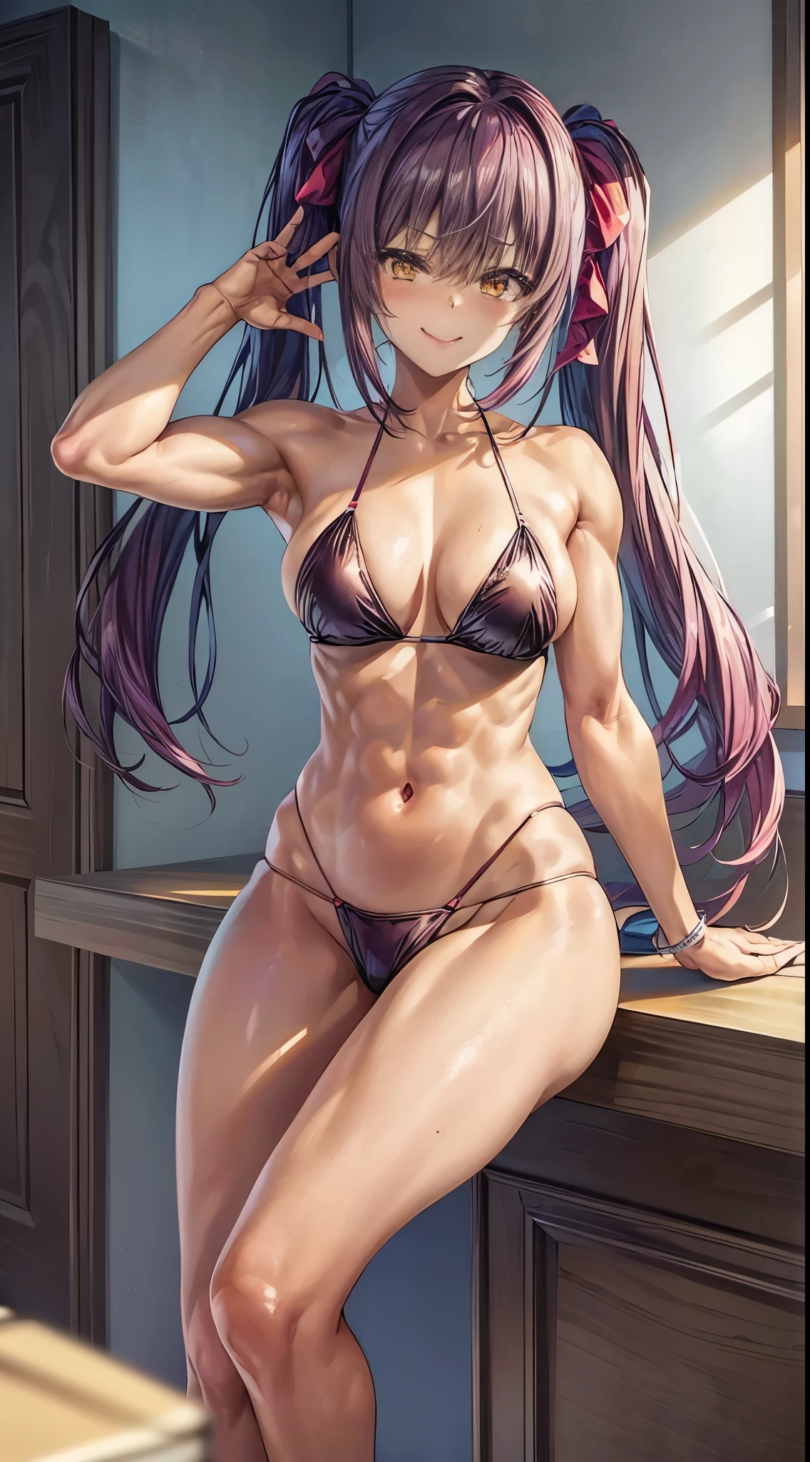 (((1 girl))), medium to large breasts, beautiful and cute lady, standing, (((in luxurious motel room))), (muscular ass), {{{wearing a very sexy bikini} } }, nude, (thin waist), (butt only), full body photo, (((Ichika Amasawa))) , white skin, red ribbons in hair, standing, (((bright yellow eyes))) , good anatomy, perfect hands, (((muscular legs))), slim waist, muscular abdomen, wearing black high-heeled shoes, (((A sexy pose))), (straight magenta hair), shiny hair, reflection in hair, Straight hair, (((twintails hair))), (golden yellow eye body photo), anime, minimalism, anime style, ray tracing, Cinematic lighting, shine, JPEG artifacts, bright light, divine rays, backlight, symmetry, panorama, Sony FE, hard drive, art - Prime, precise, anatomically correct, Super Detail, best quality, hard drive, juice, 16k