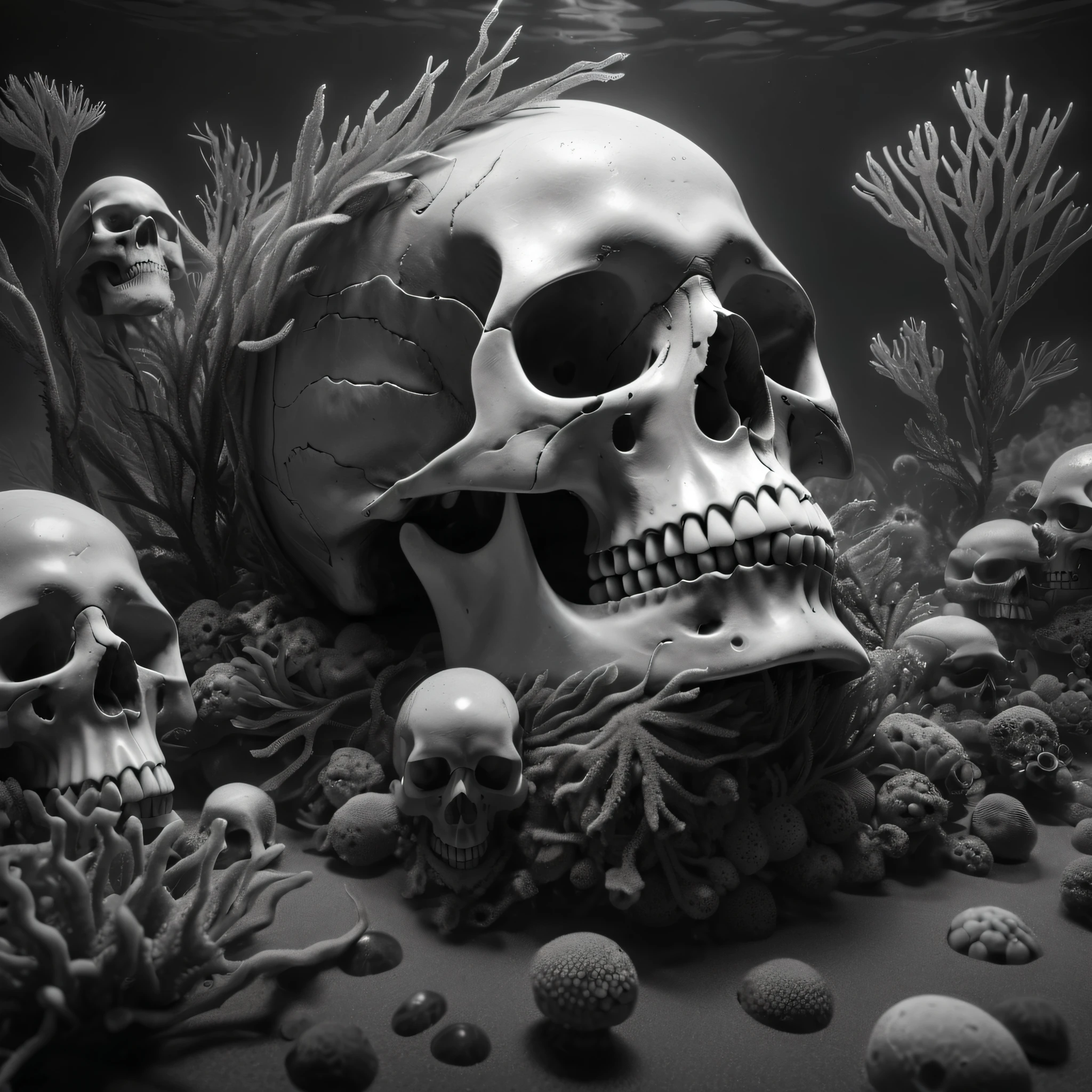 Realistic 3D of a group of four skeletons floating in gleaming celestial fluorescent lake water in a dark blue desert, night, skeletons, realistic, unreal engine, dark, surrealism, high detail, supremacy, cinematic lighting, dark blue lighting, ray tracing, shadow, uhd, retina, masterpiece, octane, texturing, super detail, high detail, high quality, award-winning, best quality, high resolution, 1080P, 16k, 8k, 4K, HD