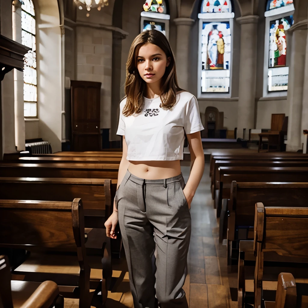 Beautiful Polish teen is barefoot and cropped in church, ultrarealistic, she wears suitpants, she is standing