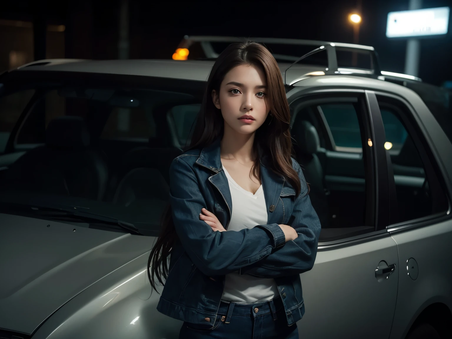 Upper body close-up image. A beautiful woman stands in front of a car-shaped time machine with her arms folded and looks at the camera with a challenging expression. Dark brown hair. Beautiful double eyes. The bridge of my nose. Well-shaped lips. Wearing a jacket and blue jeans. The time is night.