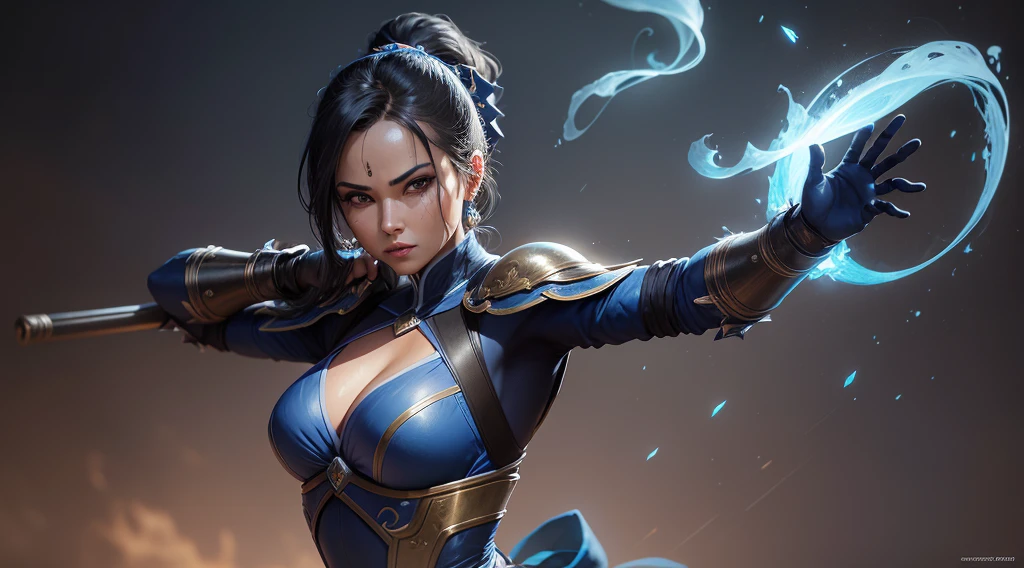 a woman in a blue outfit holding a steel fan gun, a statue inspired by Fan Kuan, trending on ArtStation, sōsaku hanga, Kitana, Mortal Kombat, Personagem de Mortal Kombat, MK Ninja, render de mirabel madrigal, personagem de jogo de luta, video game character, pose, Pose de luta, traje com detalhes azuis, Ultra alta qualidade, cabelos pretos longos, Traditional blue mask on face