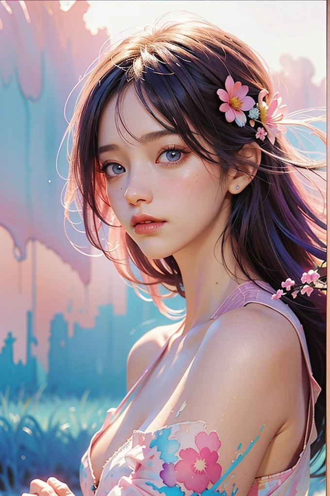 1girls,floral, Lycianthus ,In light pink and light blue styles...., Dreamy and romantic composition...., Light Pink, Intangible slip, Fun arrangement,fantasy, high contrast, Ink strokes, explosions, Over touch, Impression of purple and red tones , abstract, ((Watercolor paintings by John Berkey and Jeremy Mann )) brush stroke, Negative Space,