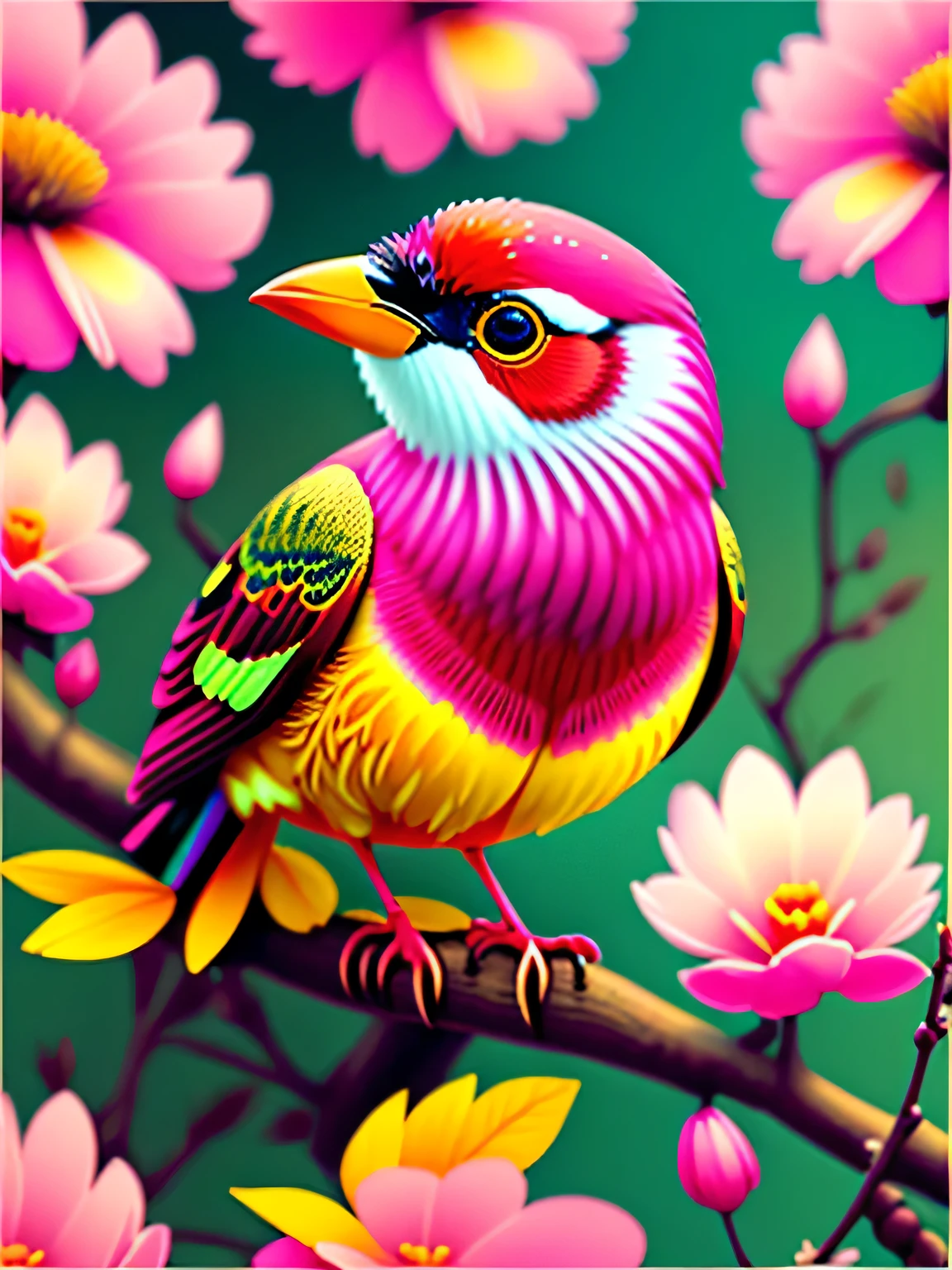 a bird sitting on a branch with pink flowers, cgi art, red-yellow colors, hyperrealistic sparrows, pinterest, photorealistic artstyle, in rich color, an ai generated image, very detailed portrait, singing for you, breathtaking render