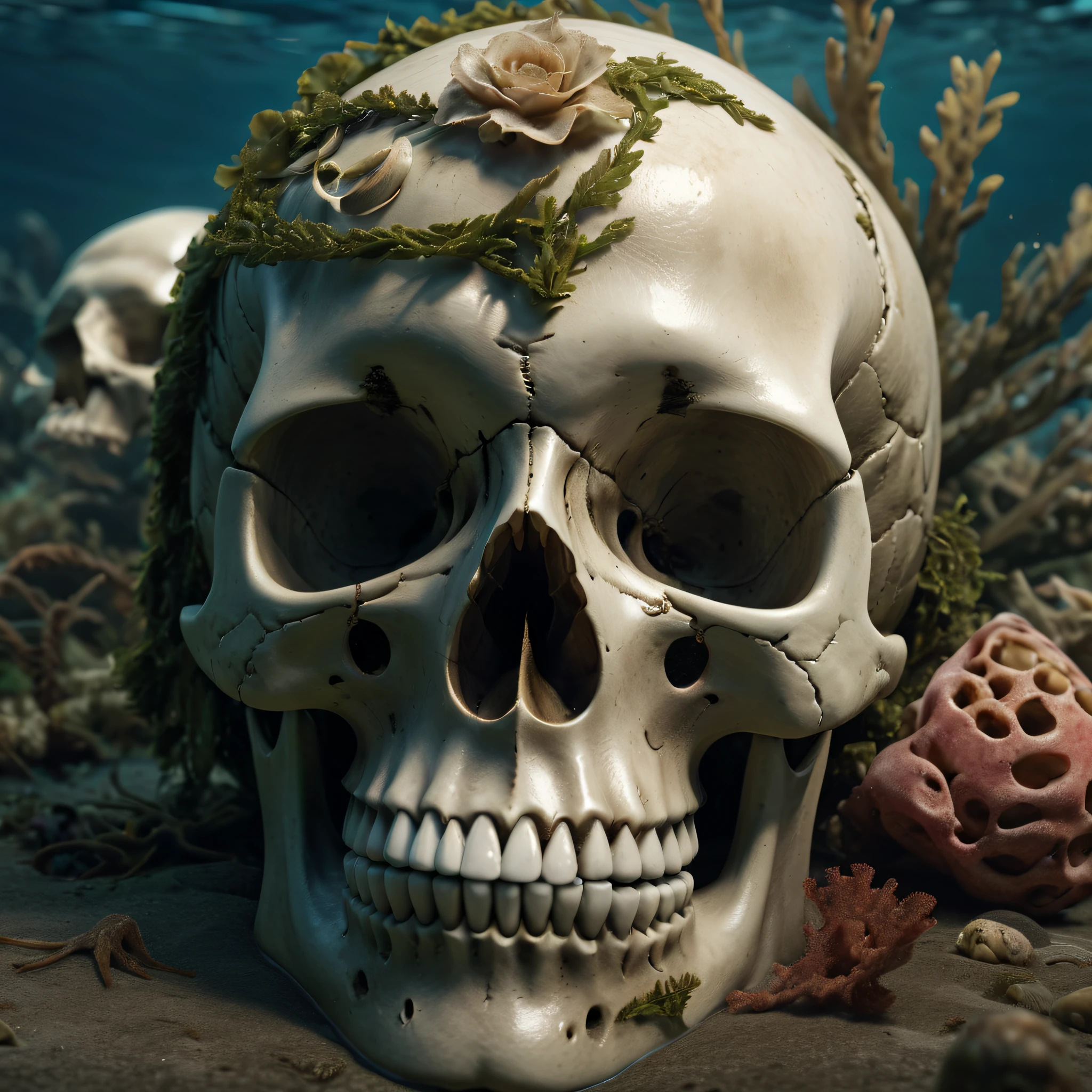 Best Quality,8K,High resolution,masutepiece:1.2,Ultra-detailed,realistic skull,detailed corpse,sea weed,under the water,Horror-themed