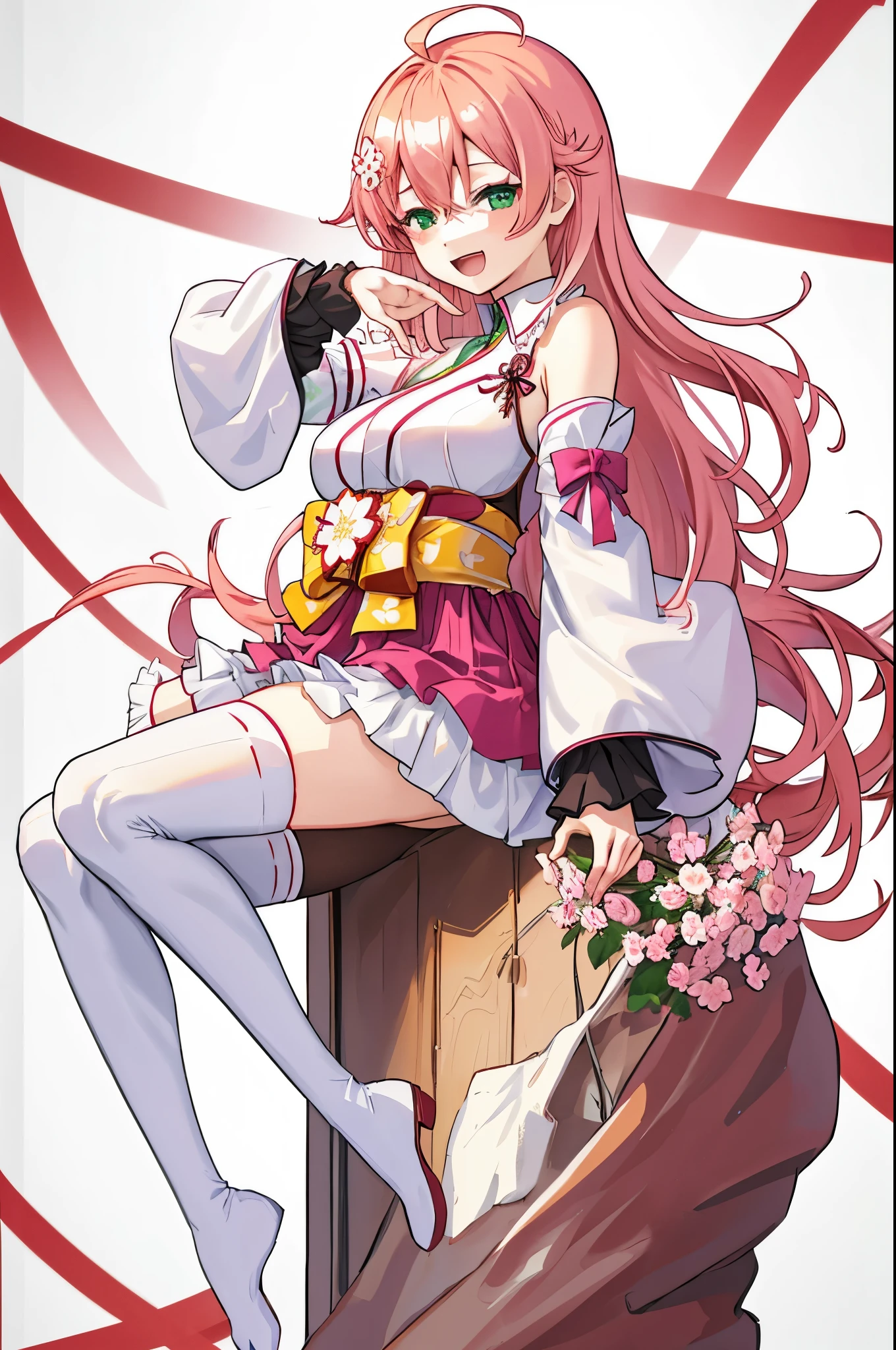 masterpiece, best quality, highres, sakura_miko, 1girl, (loli:1.3),medium_breasts, kimono, solo, ahoge, x_hair_ornament, pink_hair, floral print, hairclip,(side_less_clothes:1.3), (side_breasts:1.3), hair_bell, floral print, long_hair, hair between eyes, one side up, white_thighhighs, wide sleeves, open_mouth,(happy:1.3),green_eyes,smile,apart_legs,(overly_long_sleeves:1.3),),sleeves_past_wrists,hands_hidden_sleeves,sidelock_clothes,solo,hidden_wrists,(XD:1.5),covered_nipples,sunlight,(bare_flank:1.3),boots,open_mouth,kimono,close_eyes,.