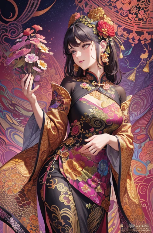 (masterpiece, top quality, best quality, official art, beautiful and aesthetic:1.2), (1girl:1.3), extremely detailed,(fractal art:1.1),(colorful:1.1)(flowers:1.3),highest detailed,(zentangle:1.2), (dynamic pose), (abstract background:1.3), (chinese Traditional cloth:1.2), (shiny skin), (many colors:1.4), ,(earrings:1.4),