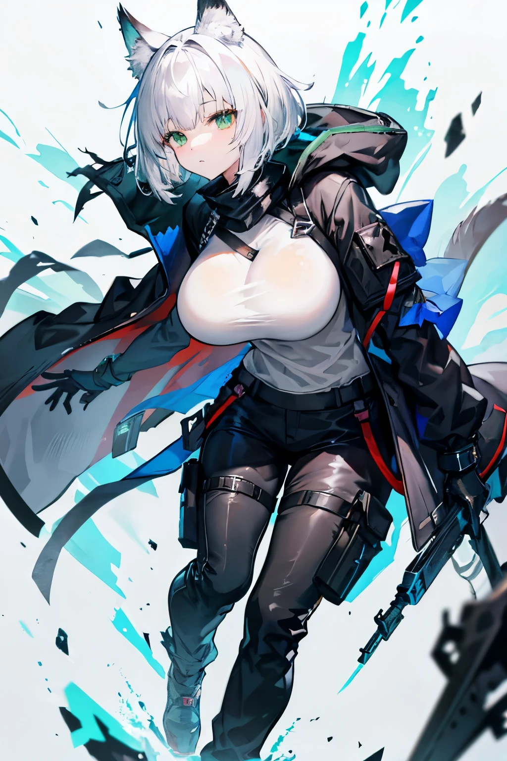 Arknights art style, arknights world,wolf girl,wolf ears,fluffy tail,short hair,white hair,green eyes,mature body,big breasts,wearing a black and blue jacket,tactical pants,tactical gloves,