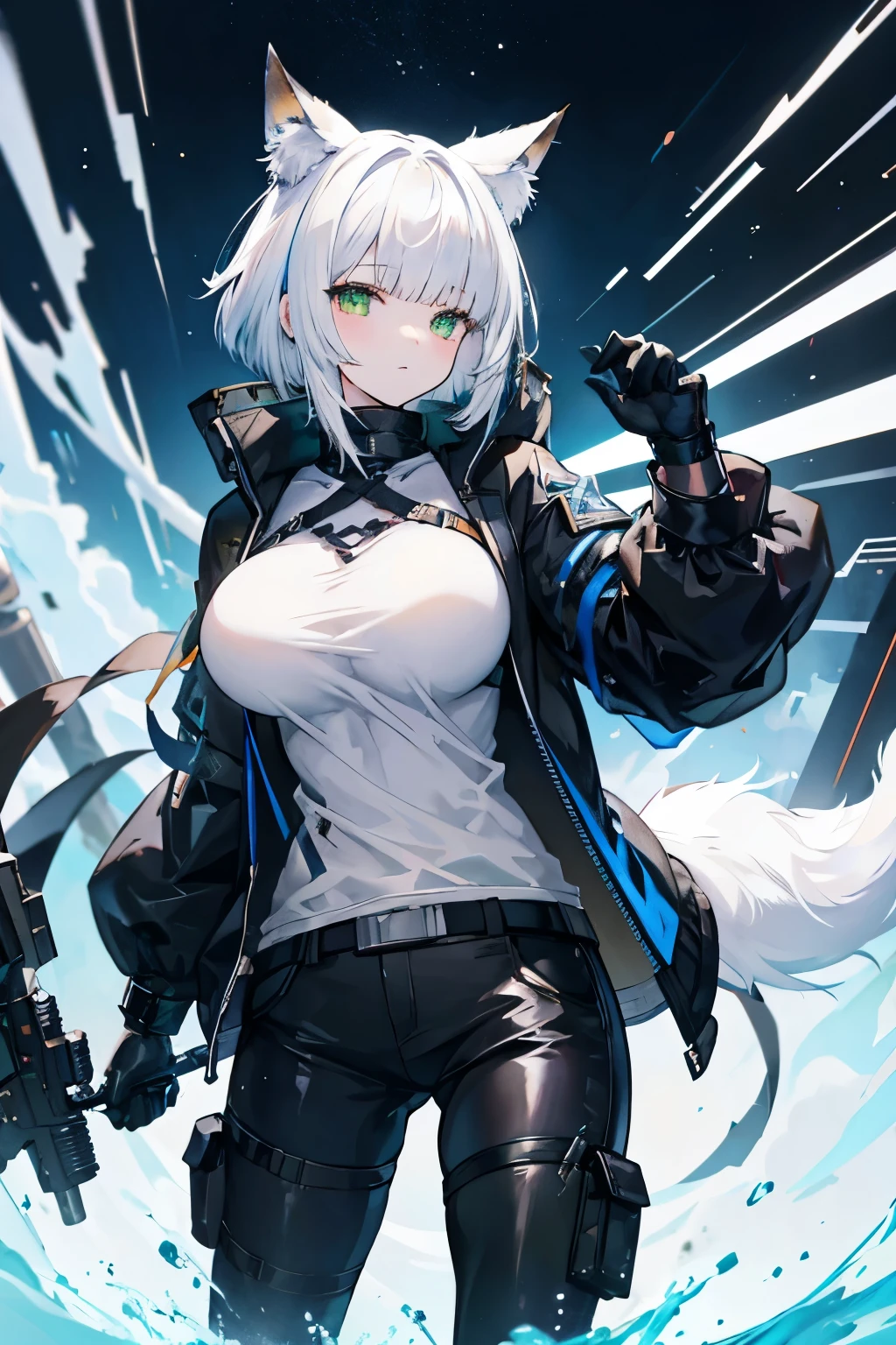 Arknights art style, arknights world,wolf girl,wolf ears,fluffy  tail,short hair,white hair,green eyes,mature body,big breasts,wearing a black and blue jacket,tactical pants,tactical gloves,