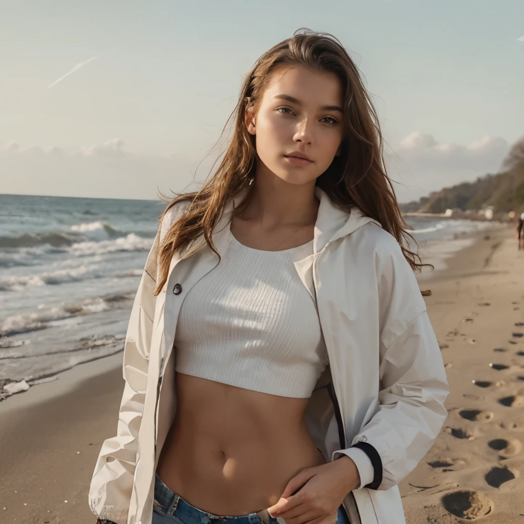 Braunhaariges Teen in Winterkleidung am Strand, She's barefoot, The jacket is open and she is wearing a crop top, 8k, ultrarealistic