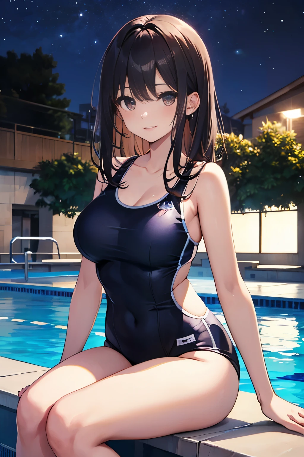 hiquality、top-quality、Full limbs、The ultra -The high-definition、complete fingers、Slender beauty、ssmile、Wearing a shiny school swimsuit、shinny skin、Black knee high、large udder、Night Pool、Dramatic Writing