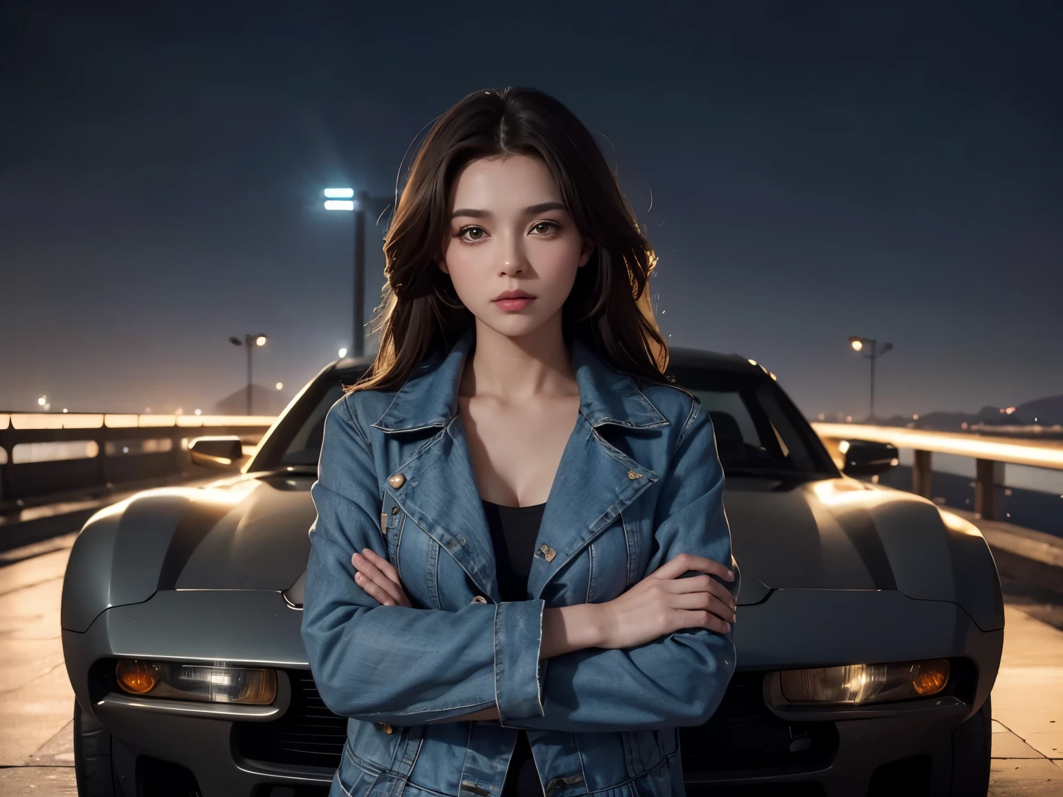 Upper body close-up image. A beautiful woman stands in front of a car-shaped time machine with her arms folded and looks at the camera with a challenging expression. Dark brown hair. Beautiful double eyes. The bridge of my nose. Well-shaped lips. Wearing a jacket and blue jeans. The time is night.