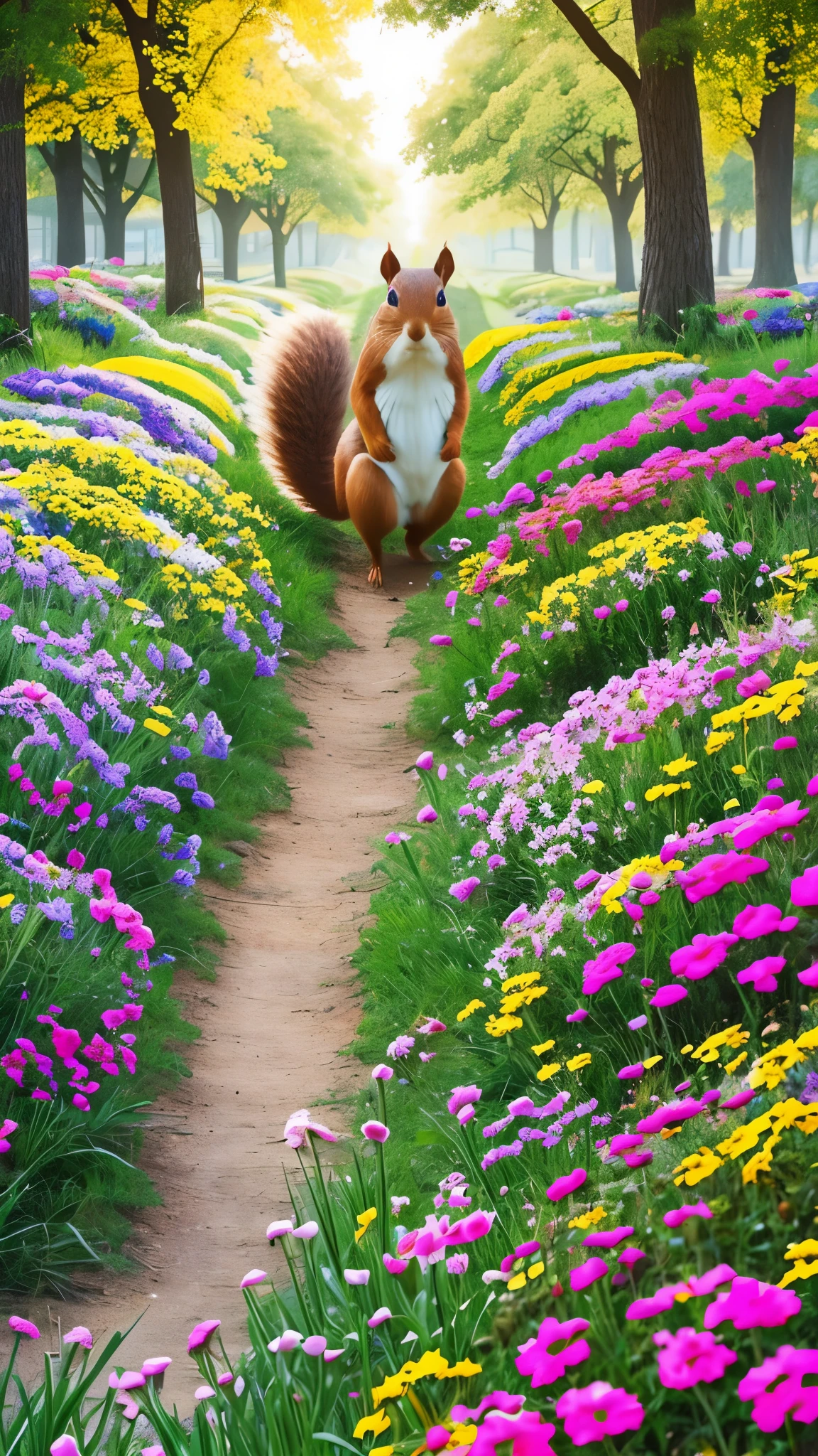 Squirrel exploring Candyland Meadow, a magical land filled with talking animals, colorful flowers, and flying candy canes, 8k,8k, --auto --s2