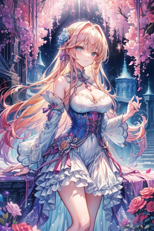 ((最high quality、8K、masterpiece:1.3)),high resolution、最high resolution、最high quality、high quality、Slender、Beautiful poopボディーライン、Beautiful poop大人の女性、huge 、Sexy Style、Accentuate your cleavage、Emphasize the chest、超detailedな、beautifully、aesthetic、Beautiful poop、masterpiece、Showing off cleavage)、garter belt、Beautiful poop女性は, (medium length yellow hair),、Cute smile, (Warm colors), Moist, Moist, Reflective plate, (Tabletop) 、(最high quality) (detailed) , (8K) (Studio Lighting) (Complex) , ((The flower arch is so fantastical and dreamy.)), Gorgeous, Fantastic fairy tale, A rich pastel color palette, Fantastic and dreamy theme, 夢のようなdetailed, Fairy tale setting:, (((A building with lots of flowers)))、Anime fantasy artwork, Anime fantasy illustration, Beautiful poopアートワークのイラスト, Beautiful poopアニメアートwork, Exquisite digital art, Complexな華やかなアニメCGIスタイル, Anime Art Nouveau Space Display, Beautiful poopアニメアート, Beautiful poopデジタル芸術作品, Beautiful poopファンタジーアニメ, detailed anime artwork, detailed Digital Anime Art, Dreamy psychedelic anime、Beautiful poop表現、Beautiful poop乳房、detailedな目、Clearly eye-catching, beautifullyて魅力的、Beautiful poop目、Tight waist、Beautiful poop白い肌、Red Crack、((Long hair decorated with flowers))、(Perfect female body:1.4)、（Sexy Underwear、garter belt、Enamel Bondage Costume)