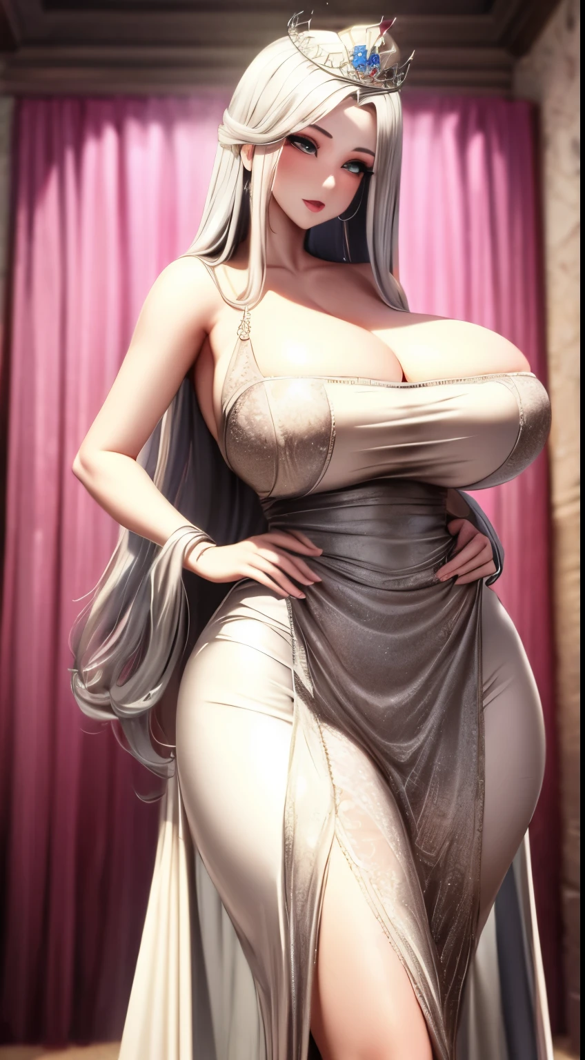 1 mature girl, Beautiful face, beautiful eyes, beautiful body, very big breasts, Long silver hair, straight hair, pink eyes, Curled eyelashes, silver eyelashes, shiny lips, Dress, lacy dress, Hair decorated, princess, Wearing a small crown, Medieval dress.