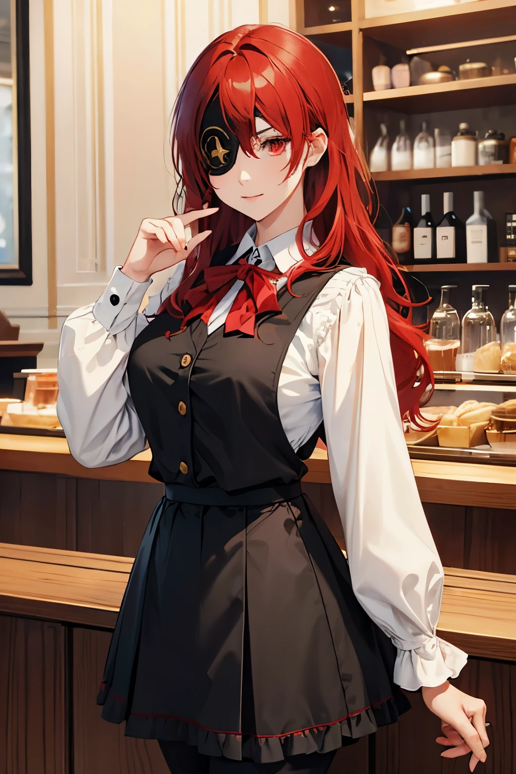 ((best quality)), ((masterpiece)), (detailed), perfect face, ((eyepatch:1.2)), (long hair:1.4), (red hair, red eyes:1.4), 1girl, solo, skirt, shirts, vest, legging, white shirts, Button-up shirts, black vest, smile, outdoors, black skirt, looking at viewer, black legging, rose pattern legging, long sleeves, bangs, ribbon, frilled skirt, frills, plaid, bow, Star shape eyepatch, gold eyepatch, standing, red ribbon, wide sleeves, hand on waist, medium breasts, cafe, inside bosco cafe, cowboy shot, elegance, adult women