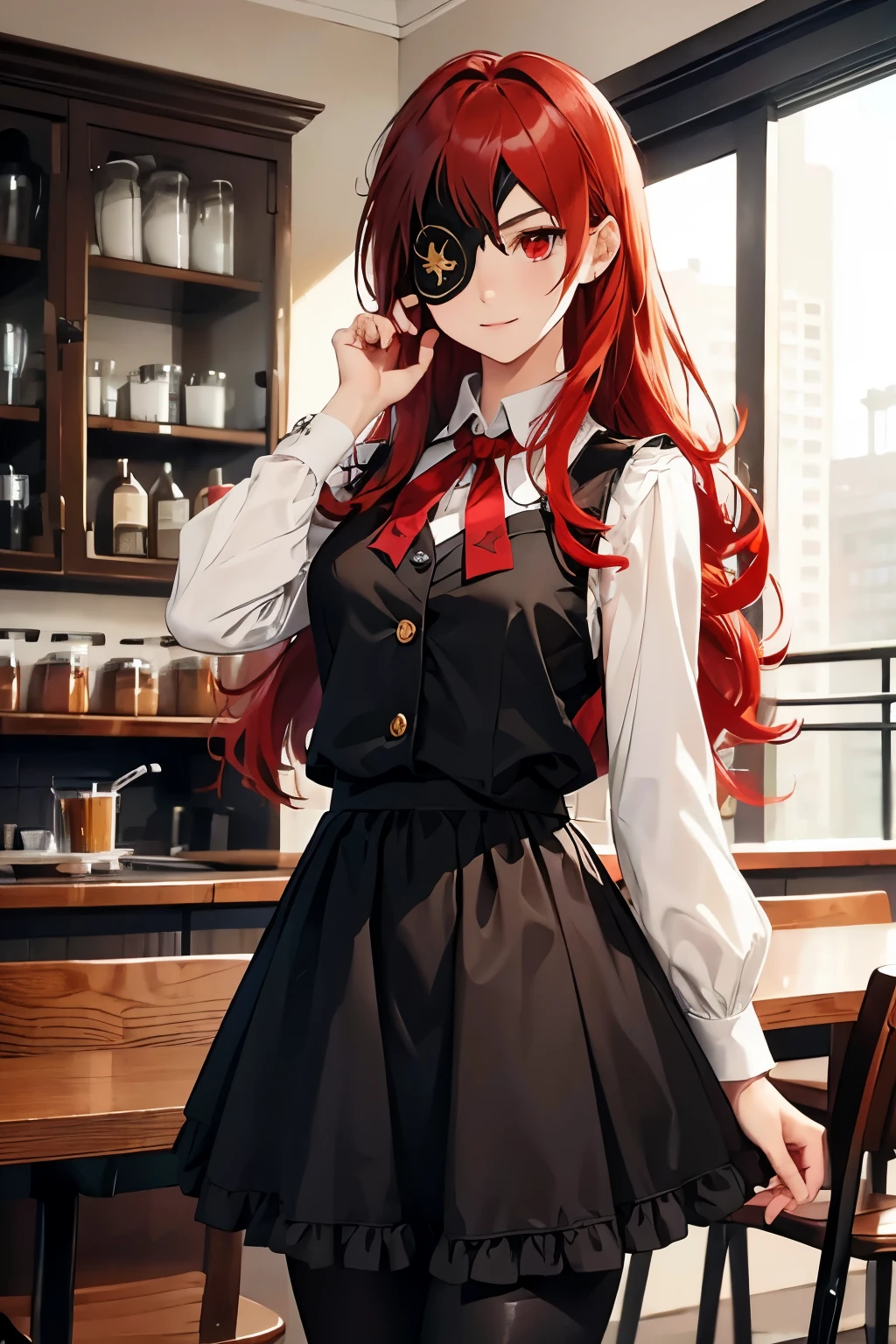 ((best quality)), ((masterpiece)), (detailed), perfect face, ((eyepatch:1.2)), (long hair:1.4), (red hair, red eyes:1.4), 1girl, solo, skirt, shirts, vest, legging, white shirts, Button-up shirts, black vest, smile, outdoors, black skirt, looking at viewer, black legging, rose pattern legging, long sleeves, bangs, ribbon, frilled skirt, frills, plaid, bow, Star shape eyepatch, gold eyepatch, standing, red ribbon, wide sleeves, hand on waist, medium breasts, cafe, inside bosco cafe, cowboy shot, elegance, adult women