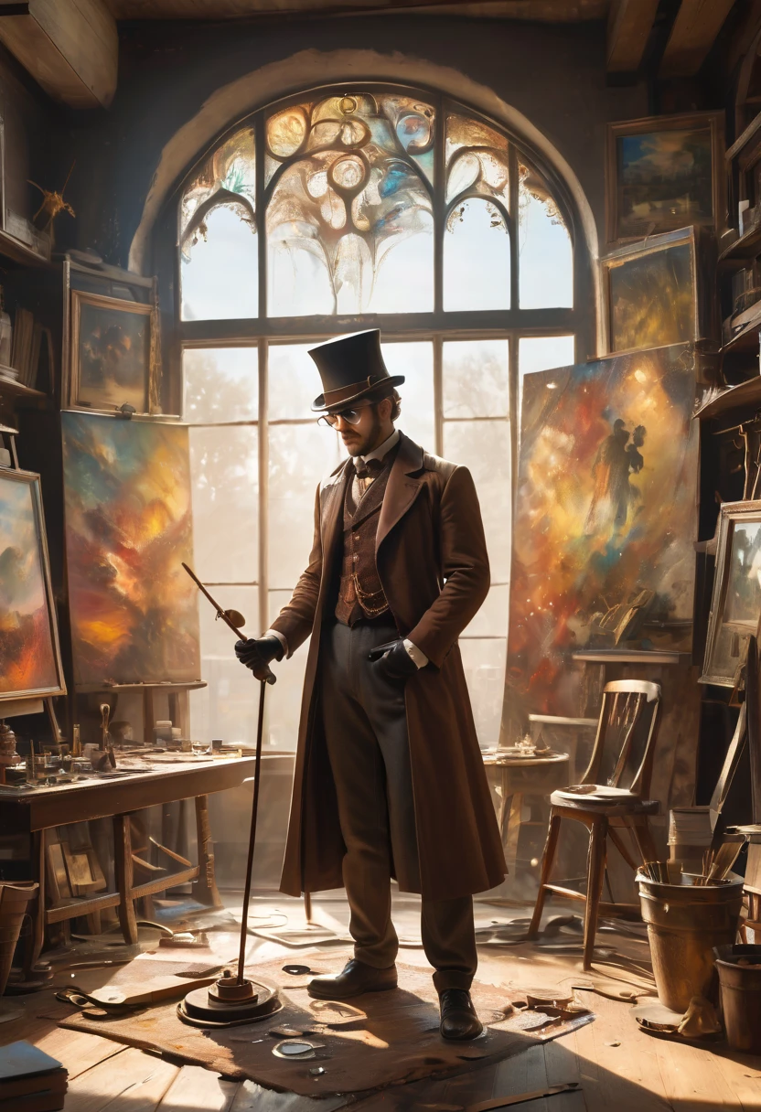 An artist in his 30s, Steampunk style, creating a masterpiece:1.2, utilizing brass gears and vintage machinery, detailed goggles and leather gloves, a top hat adorned with Victorian designs, a long flowing coat with intricate patterns, vibrant colors:1.1 and rich textures, surrounded by an art studio filled with antique brushes and old books, scattered paint brushes and tubes of paint on a wooden artist's palette, sun rays streaming through a dusty window, casting a warm glow on the artist and his surroundings.