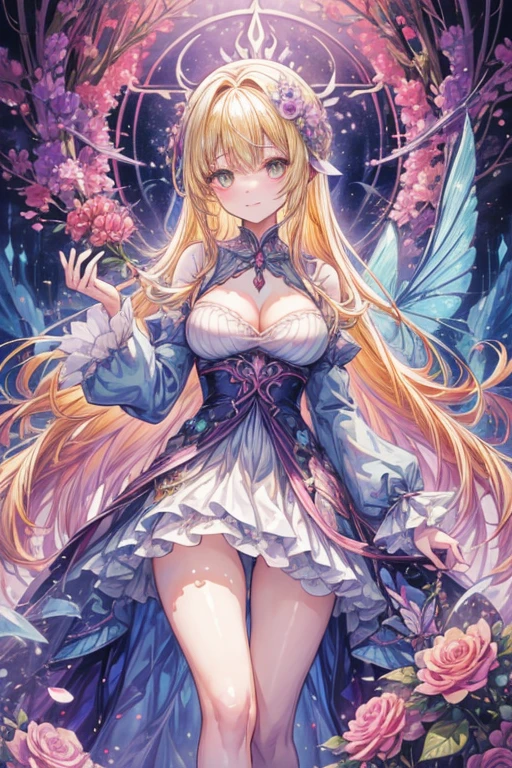 ((top-quality、8K、masterpiece:1.3)),high-level image quality、最high-level image quality、top-quality、hiquality、slenderbody、Beautiful feceボディーライン、Beautiful fece大人の女性、Colossal tits、Sexy style、Insist cleavage、Boob emphasis、ultra-detailliert、Beautiful and aesthetic、Beautiful fece、masterpiece、Show off your cleavage)、garterbelts、Beautiful fece女性は, (medium length yellow hair),、Lovely smile, (Warm colors), moist, moist, Reflectors, (masutepiece) 、(Best Quality) (Detailed) , (8K) (Studio Lighting) (Convoluted) , ((Flower arch so magical and dreamy)), opulent, ethereal fairy tale, Rich pastel color palette, Ethereal dreamy theme, dreamy and detailed, The setting of a fairy tale:, (((building with many flowers)))、anime fantasy artwork, anime fantasy illustration, Beautiful feceアートワークのイラスト, Beautiful feceアニメアートwork, elaborate digital art, Convolutedな華やかなアニメCGIスタイル, anime art nouveau cosmic display, Beautiful feceアニメアート, Beautiful feceデジタル芸術作品, Beautiful feceファンタジーアニメ, Detailed anime artwork, Detailed Digital Anime Art, dreamy psychedelic anime、Beautiful fece表現、Beautiful fece乳房、A detailed eye、Clearly eye-catching, beautiful and alluring、Beautiful fece目、Narrow waist、Beautiful fece白い肌、red rip、((Flower decoration all over long hair))、(sexy underwear、garterbelts、Enamel Bondage Costume)