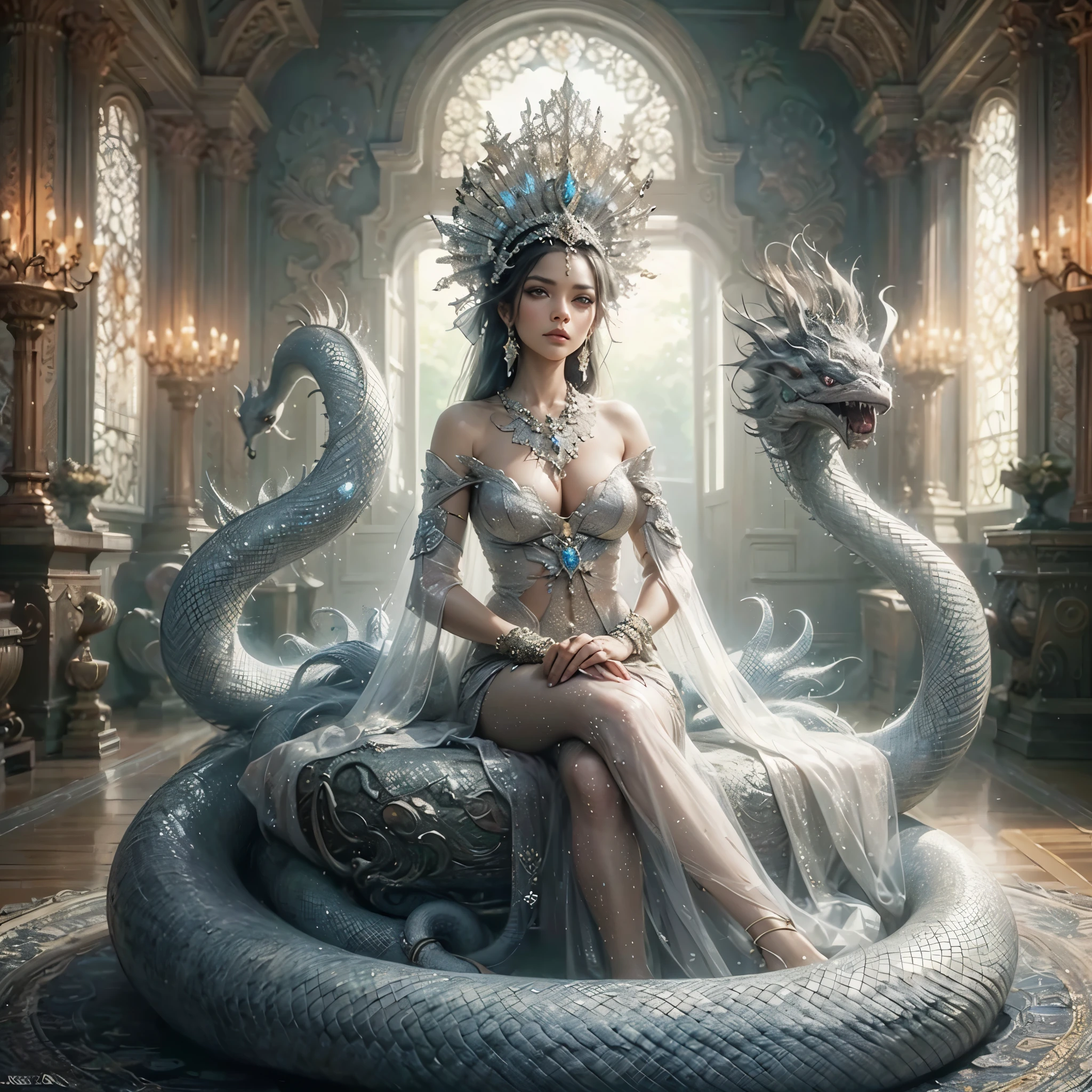 a woman with gigantic breast wear white luxury dress sitting on a snake, show cleaveage, a beautiful fantasy empress, queen of snakes, breathtaking fantasy art, ((a beautiful fantasy empress)), amazing fantasy art, beautiful fantasy art, symmetrical epic fantasy art, elegant cinematic fantasy art, detailed fantasy art, detailed fantasy digital art, very beautiful fantasy art, beautiful elegant demon queen, dark queen of snakes, masterpiece, best quality:1.2),,(8k,highres,RAW photo,realistic,photo-realistic:1.3),(detailed skin texture,detailed cloth texture,beautiful detailed face:1.25),professional lighting,photon mapping,beautiful soft light,radiosity,physically-based rendering,raytracing, model shoot style, model shoot style, (extremely detailed CG unity 8k wallpaper), full shot body photo of the most beautiful artwork in the world,