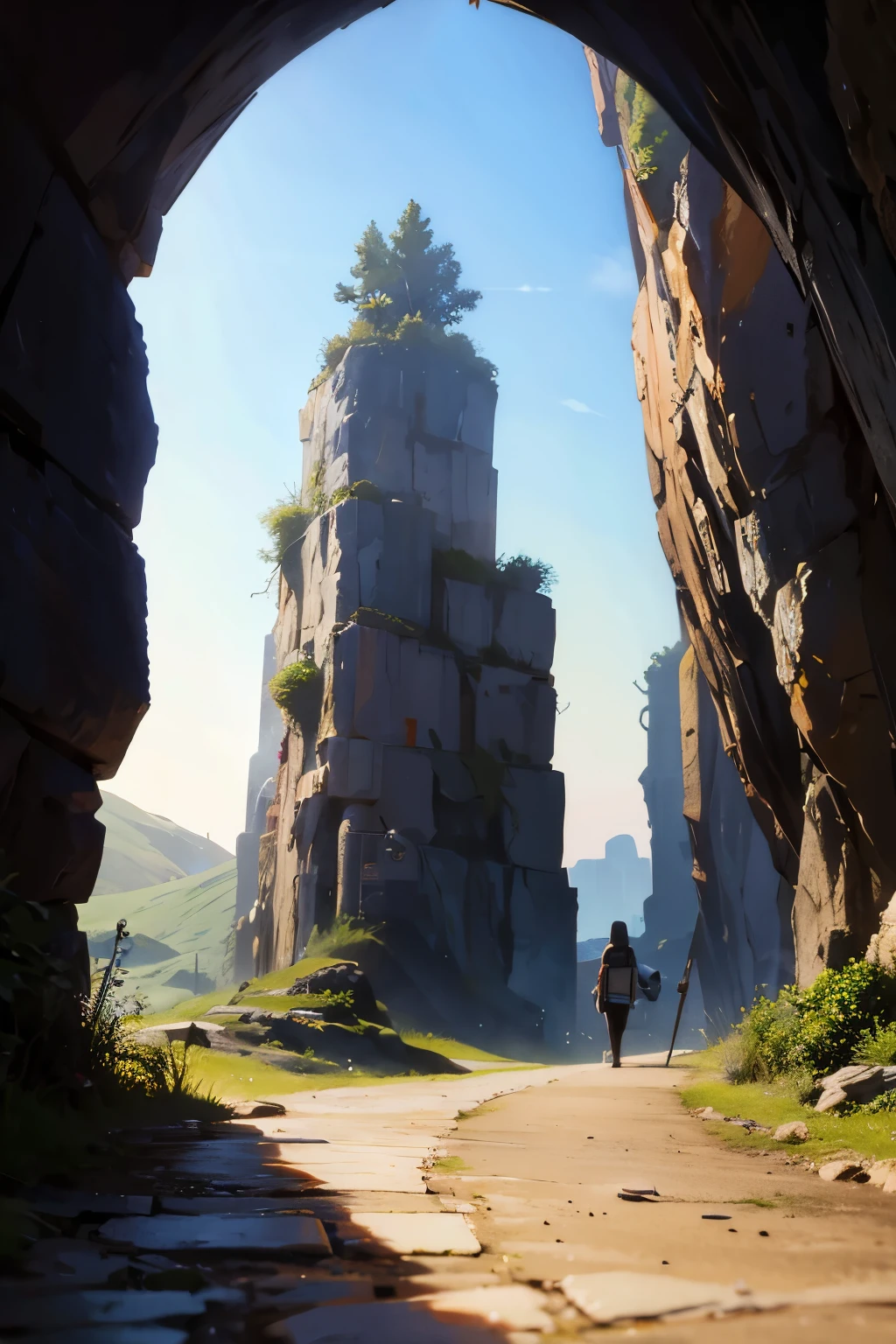 na frente de uma caverna