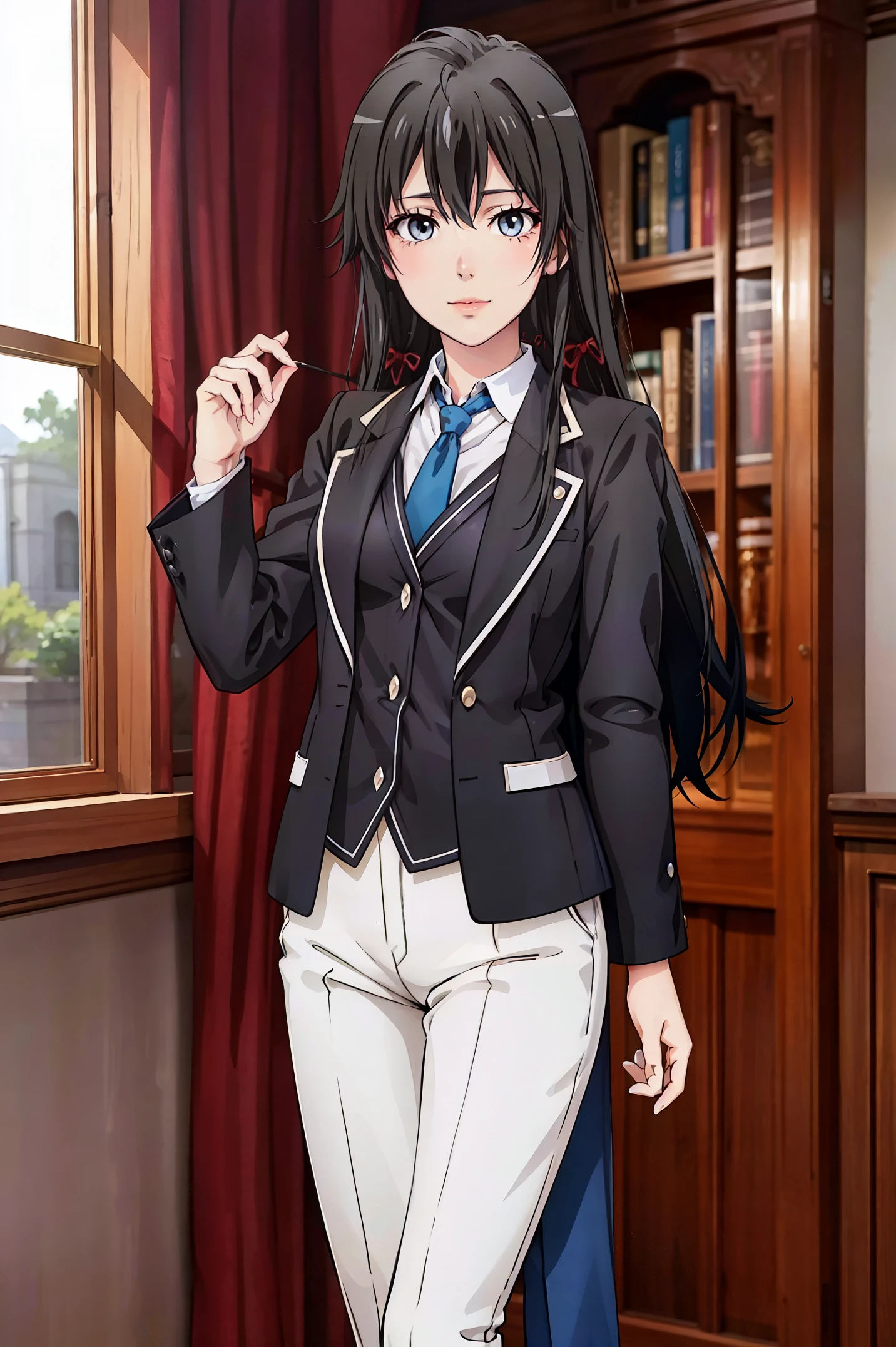 Yukinoshita yukino ,woman in formal attractive tailcoat standing in a large alcove in the room , 1girl, solo, blue necktie, black hair, blue eyes, long hair, smile , collared shirt, white pants, white shirt , tailored tailcoat elegant , standing in front of a window ,tailcoat tailored to perfection crafted from the lustrous fabric, anime moe artstyle, smooth anime cg art, official character art, beautiful anime, fanart, , official art, anime visual of a cute girl, attractive anime girl, high detailed official artwork, visual novel key visual, painted in anime painter studio