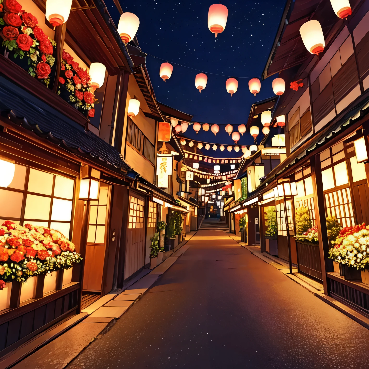 Japan Flower Festival,the street,fire works,lanterns,anime scene