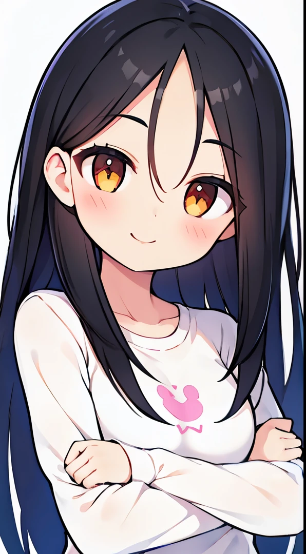 One girl with black hair, hair length until bust, straight hair, hair parted in center of head, round face. hairstyle with a center part, that the hair should be parted down the middle, creating a symmetrical look without any frontal hair covering the forehead. Looking straight. Looking straight at viewers. Smiling. Happy. Wearing casual shirt. Straight pose. Frontal view