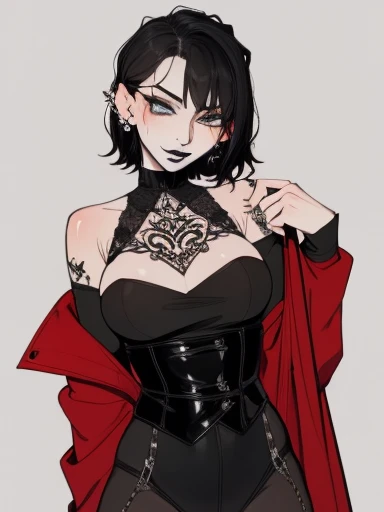 Santa goth milf, ear piercing, goth, gothic, sexy, christmas outfit, pale skin, pale blue eyes, short hair, black hair, black lipstick, santa oufit, sultry, gothic, mature, tattoos, santa outfit