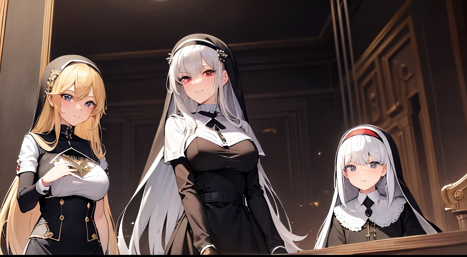 ((Masterpieces: 1.4)), very detailed, PERFECT FACE, Perfect nun outfit, high quality, 1girl, (spiky platinum blonde hair: 1.2) with red eyes young girl with hair ornament and nun outfit in the middle of dark colored room filled with old topaz sanctuary, elegant, smooth, mature, (smirk face:1.2), cute blushing: 1.2,