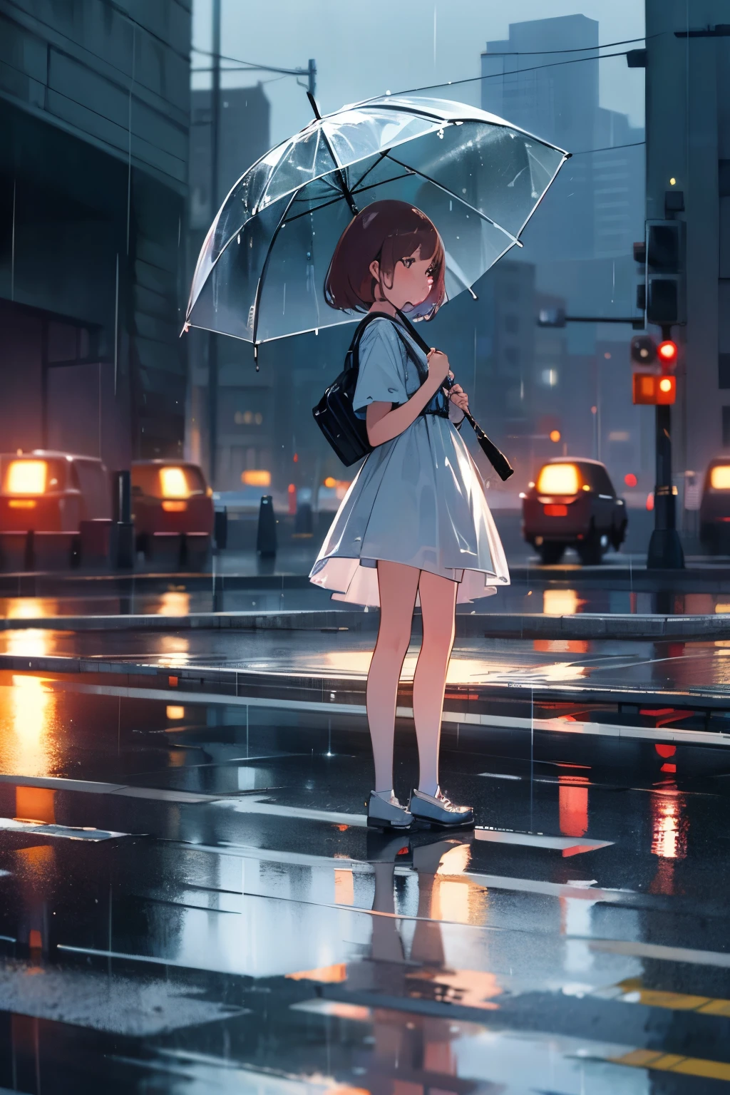 Girl, tall buildings, rain, '80s, reflection of the rain on the asphalt.