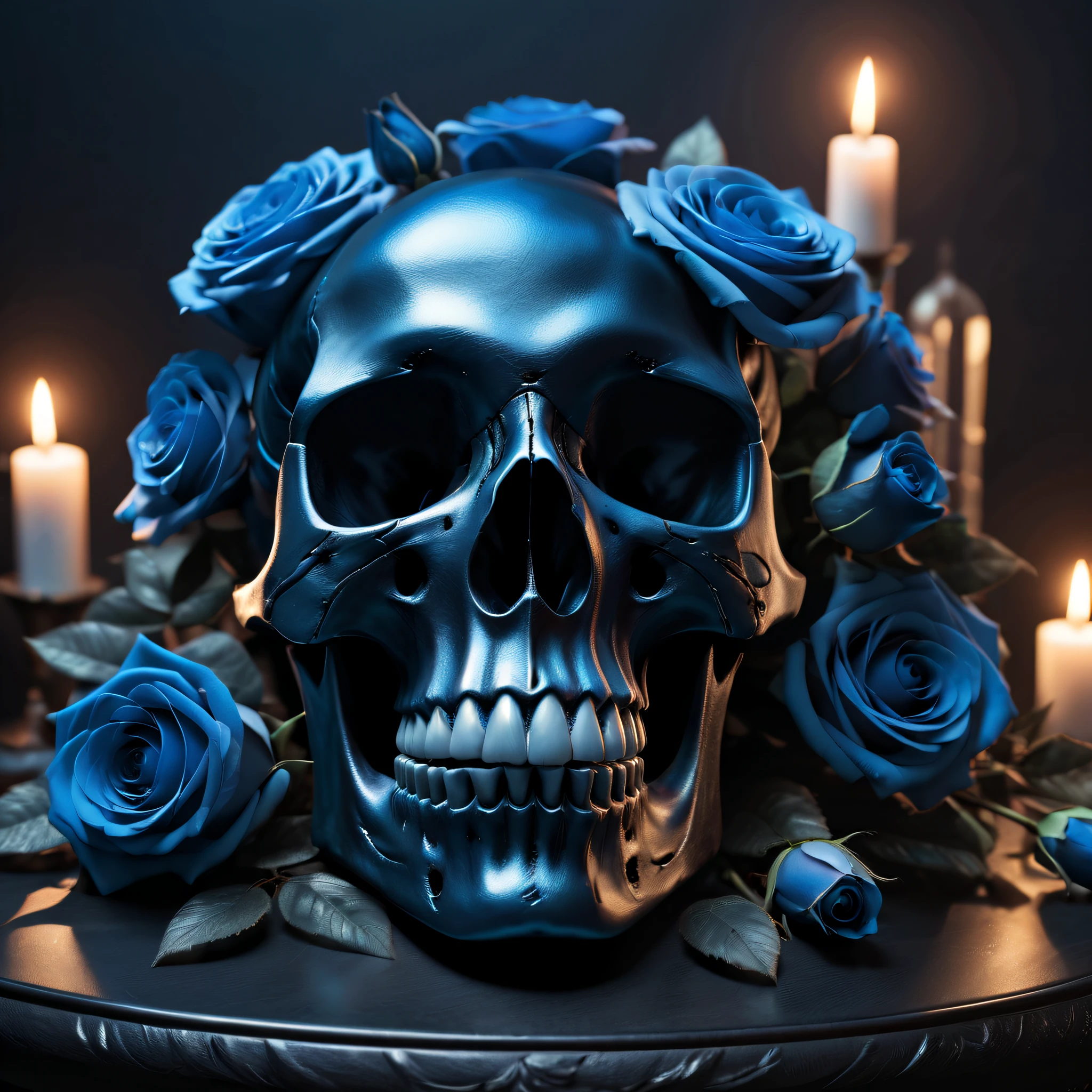 (Best Quality,8K,hight resolution,masutepiece:1.2),Ultra-detailed,realistic black metallic skull,detailed ??????,Bouquet of blue roses,dark background with altar,ominous lighting,Horror-themed,Solid color palette