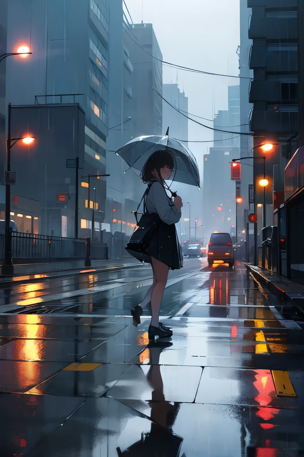 Girl, tall buildings, rain, '80s, reflection of the rain on the asphalt.