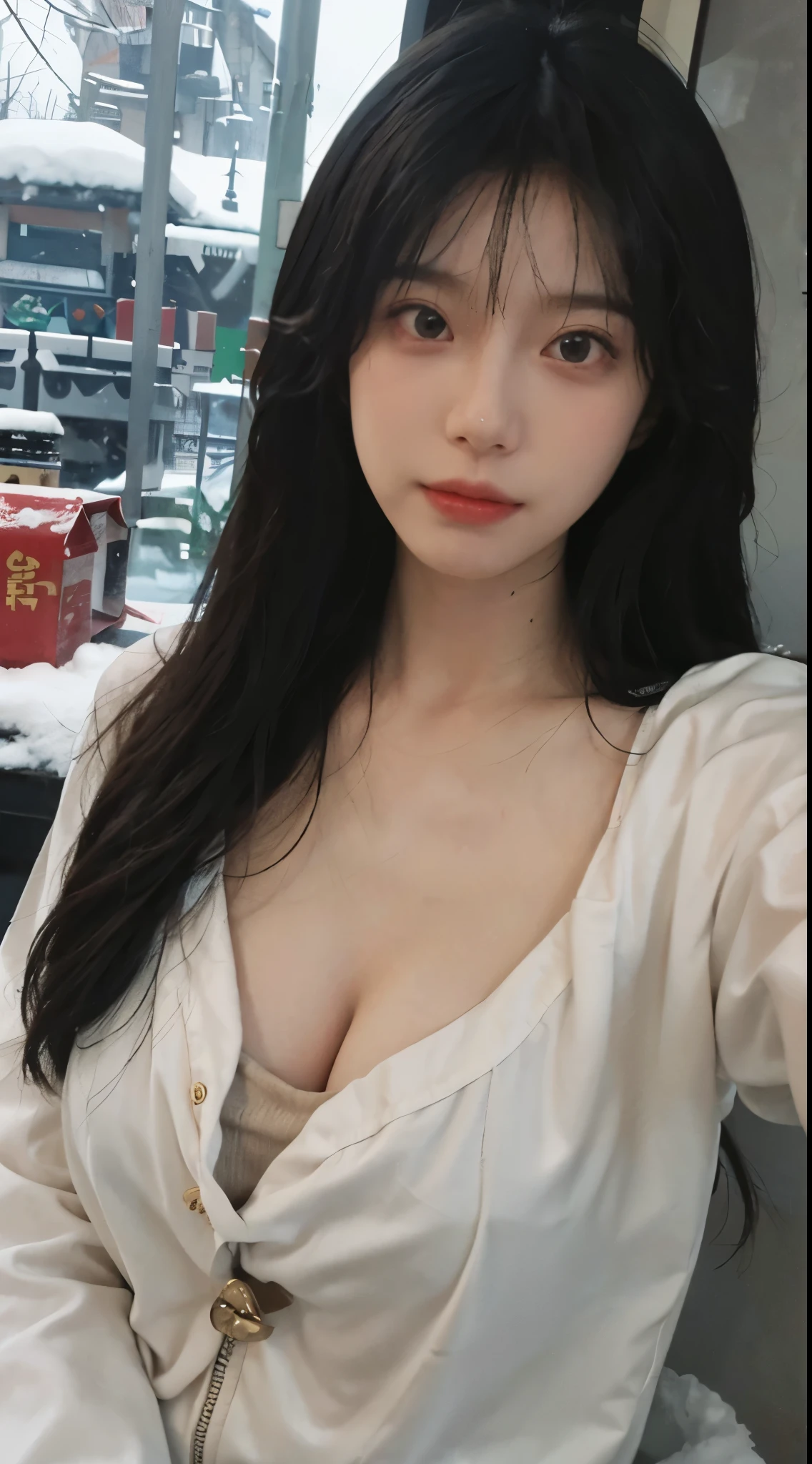 best qualtiy， 超高分辨率， （realisticlying：1.4）， Girl， A pair of eyes as clear as snow,Royal sister，Black long straight，校服， （big cleavage breasts：1.3）， looking at viewert， closeup cleavage ，