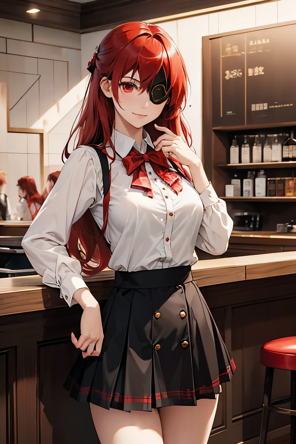 ((best quality)), ((masterpiece)), (detailed), perfect face, ((eyepatch:1.2)), (long hair:1.4), (red hair, red eyes:1.4), 1girl, solo, skirt, shirts, vest, legging, white shirts, Button-up shirts, black vest, smile, outdoors, black skirt, looking at viewer, black legging, rose pattern legging, long sleeves, bangs, ribbon, frilled skirt, frills, plaid, bow, Star shape eyepatch, gold eyepatch, standing, red ribbon, wide sleeves, hand on waist, medium breasts, cafe, inside bosco cafe, cowboy shot, elegance, adult women