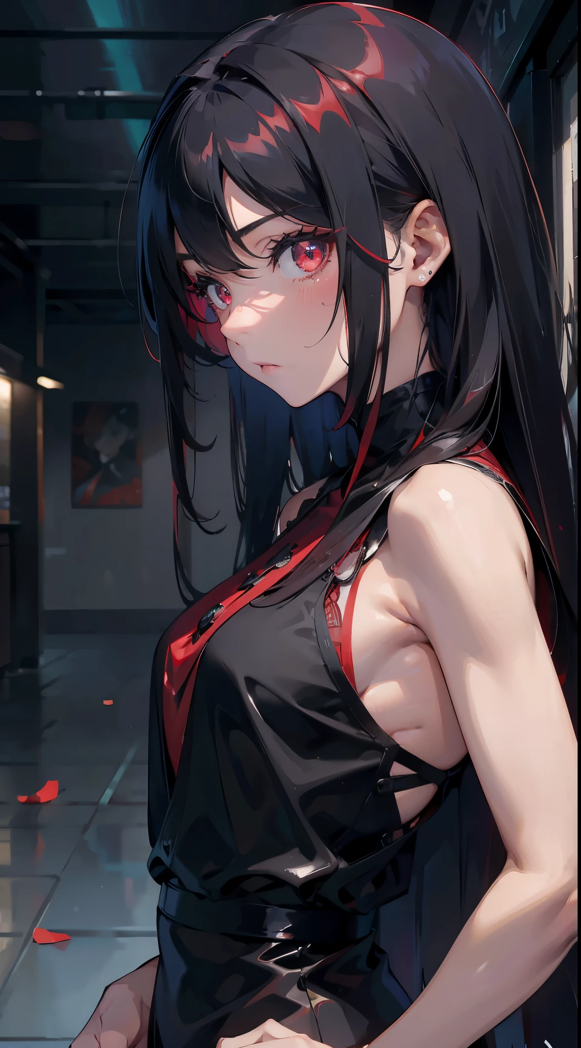 an anime woman, that she is very pretty, with crimson red eyes that have an intense shine, silky long black hair, let it be pale, that he looks like a psychopath but is elegant and wears a crimson black dress that his eyes shine as if it were a shooting star but the girl looks like a dangerous woman