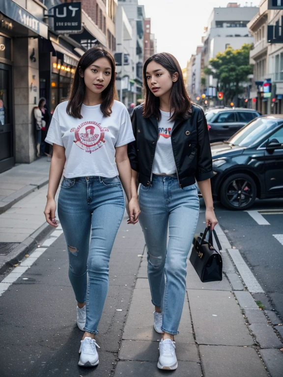 Two Indonesian women, wearing t-shirts and jeans jackets, jeans, sports shoes, are walking together on the city street, late afternoon,Original, realistic images
