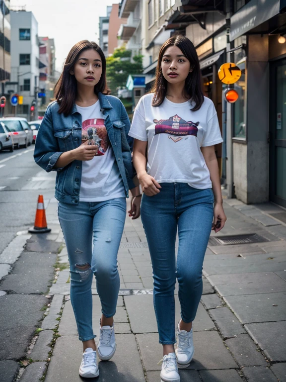 Two Indonesian women, wearing t-shirts and jeans jackets, jeans, sports shoes, are walking together on the city street, late afternoon,Original, realistic images