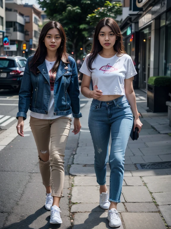 Two Indonesian women, wearing t-shirts and jeans jackets, jeans, sports shoes, are walking together on the city street, late afternoon,Original, realistic images