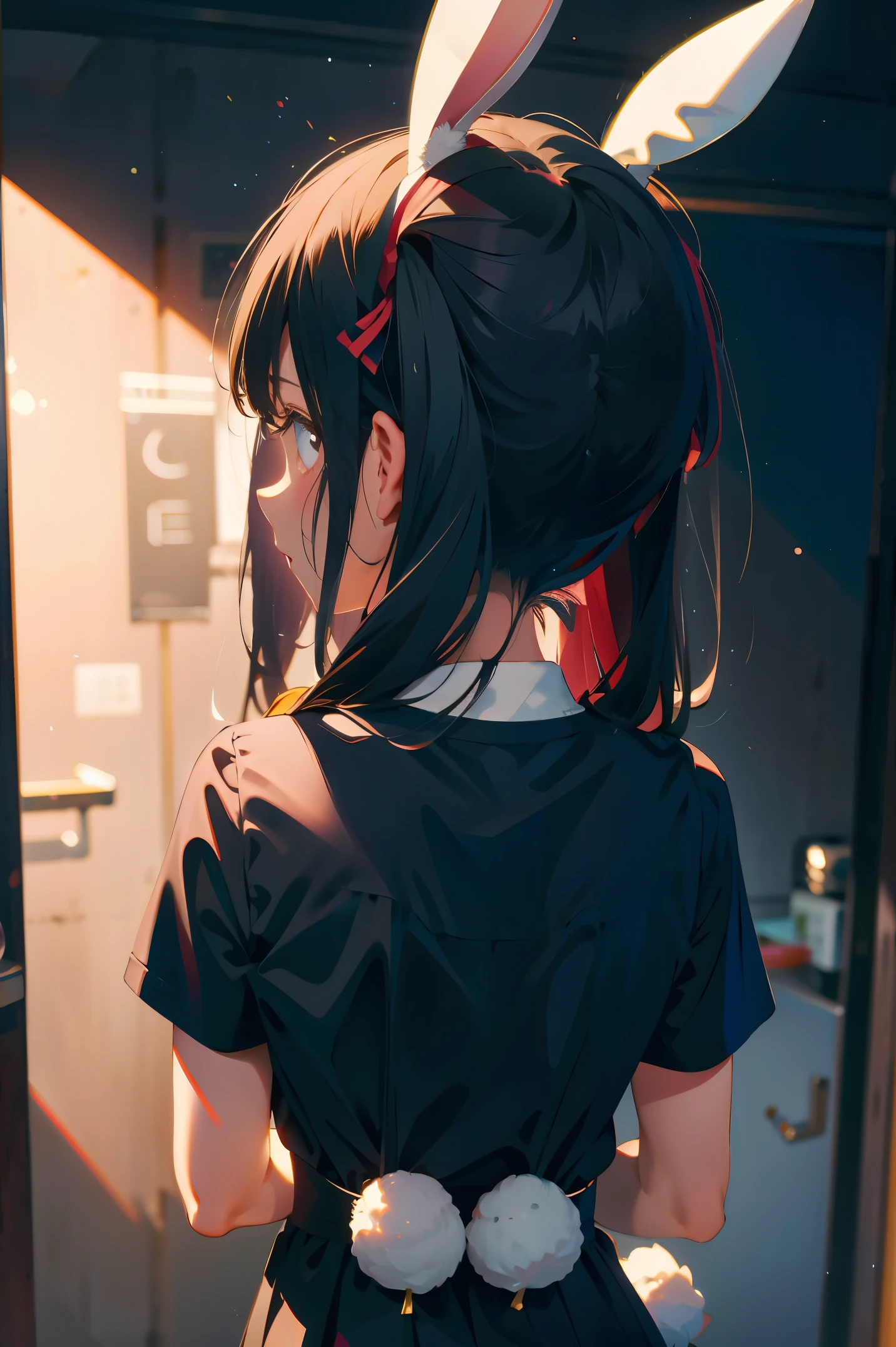 Anime girl with bunny ears and a black dress looking at a mirror ...