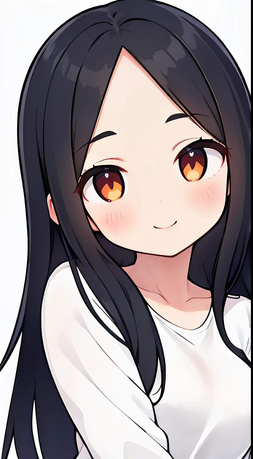 One girl with black hair, hair length until bust, straight hair, hair parted in center of head, round face. hairstyle with a center part, that the hair should be parted down the middle, creating a symmetrical look without any frontal hair covering the forehead. Looking straight. Looking straight at viewers. Smiling. Happy. Wearing casual shirt. Straight pose. Frontal view