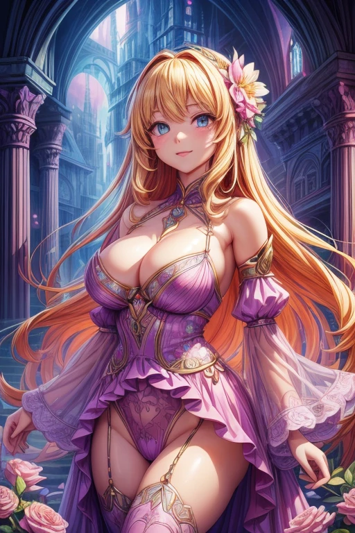 ((top-quality、8K、masterpiece:1.3)),high-level image quality、最high-level image quality、top-quality、hiquality、slenderbody、Beautiful feceボディーライン、(Beautiful fece大人の女性)、Colossal tits、Sexy style、Insist cleavage、Boob emphasis、ultra-detailliert、Beautiful and aesthetic、Beautiful fece、masterpiece、Show off your cleavage)、garterbelts、Beautiful fece女性は, (medium length yellow hair),、Lovely smile, (Warm colors), moist, moist, Reflectors, (masutepiece) 、(Best Quality) (Detailed) , (8K) (Studio Lighting) (Convoluted) , ((Flower arch so magical and dreamy)), opulent, ethereal fairy tale, Rich pastel color palette, Ethereal dreamy theme, dreamy and detailed, The setting of a fairy tale:, (((building with many flowers)))、anime fantasy artwork, anime fantasy illustration, Beautiful feceアートワークのイラスト, Beautiful feceアニメアートwork, elaborate digital art, Convolutedな華やかなアニメCGIスタイル, anime art nouveau cosmic display, Beautiful feceアニメアート, Beautiful feceデジタル芸術作品, Beautiful feceファンタジーアニメ, Detailed anime artwork, Detailed Digital Anime Art, dreamy psychedelic anime、Beautiful fece表現、Beautiful fece乳房、A detailed eye、Clearly eye-catching, beautiful and alluring、Beautiful fece目、Narrow waist、Beautiful fece白い肌、red rip、((Flower decoration all over long hair))、(Sexy sheer underwear)、garterbelts、(Enamel Bondage Costume)