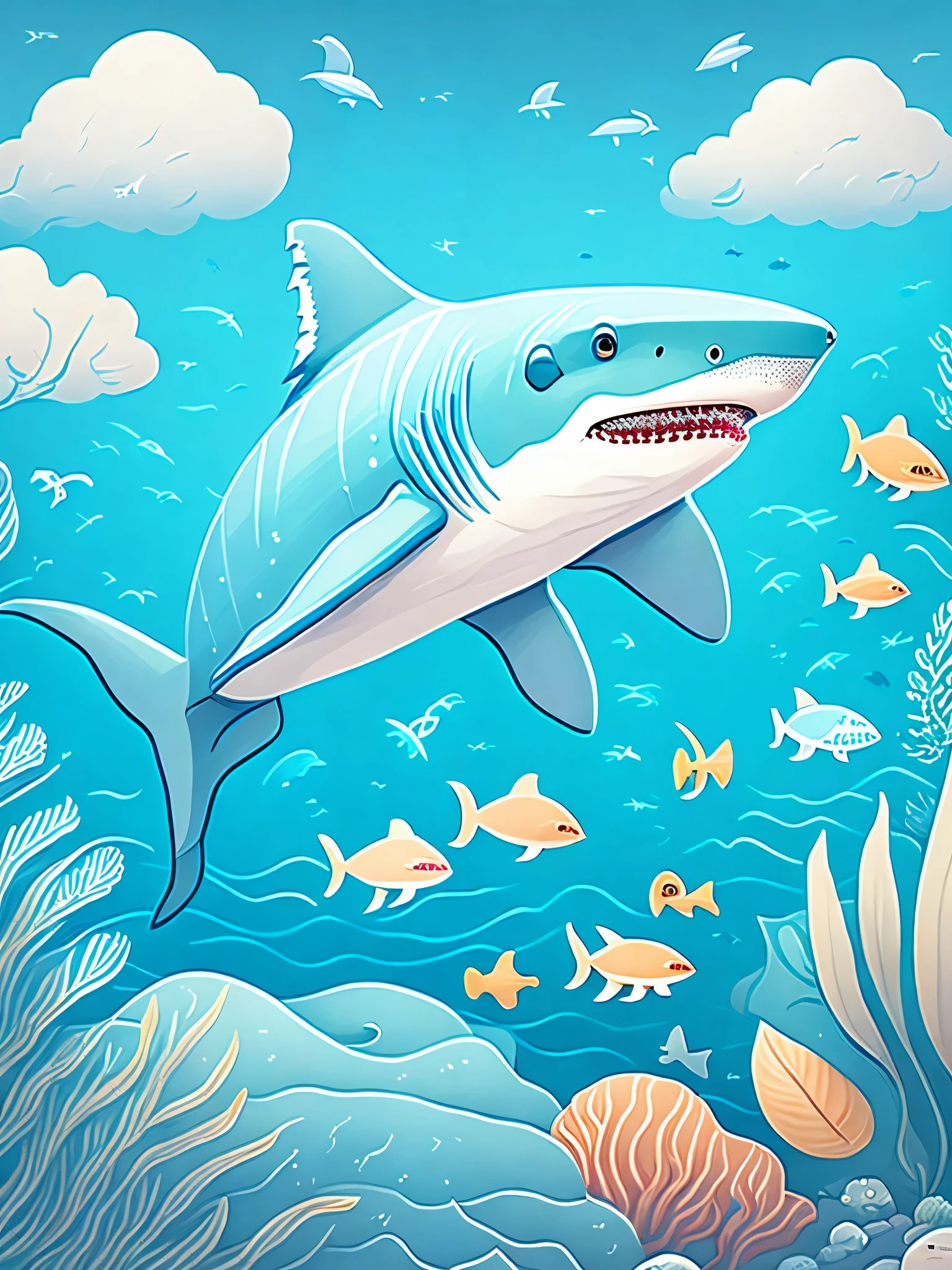 marine animal。the shark, children’s book illustration style, high qulity, vectorial art，، ，lineworks