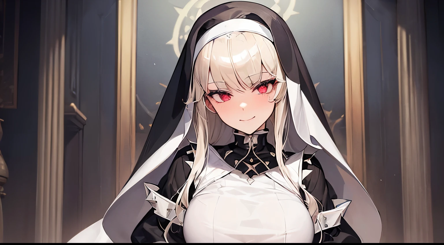 ((Masterpieces: 1.4)), very detailed, PERFECT FACE, Perfect nun outfit, high quality, 1girl, (spiky platinum blonde hair: 1.2) with red eyes young girl with hair ornament and nun outfit in the old blue topaz sanctuary, elegant, smooth, mature, (smirk face:1.2), cute blushing: 1.2,