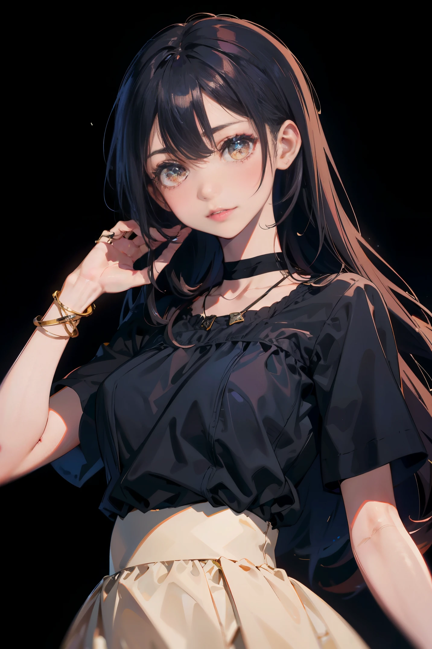 a 20 yo woman、Black blue Hair、poneyTail、(hi-top fade:1.3)、dark themed、Muted Tones、Subdued Color、highly contrast、(natural skin textures、Hyper-Realism、Soft light、sharp)、makeup, mascara, Lips are subdued or colors, simple black background, Minimalism, monotone, simple color palettes, Clean, sharp designs, flowing silhouettes, Tight skirts and pants, high-waisted skirts and pants, simple dresses, shirts and blouses, asymmetrical, geometric, Elegant and luxurious materials and designs, Simple, minimal accessories, Slim necklaces and rings in silver or gold, Simple bangles, Distinctive designs, simple silhouettes, simple and sophisticated style, elegance, minimalism, high quality materials, cool and urban impression, high fashion, simplicity and sophistication,Santa Costumes、Christmas、Christmas cosplay、The background is a Christmas tree、