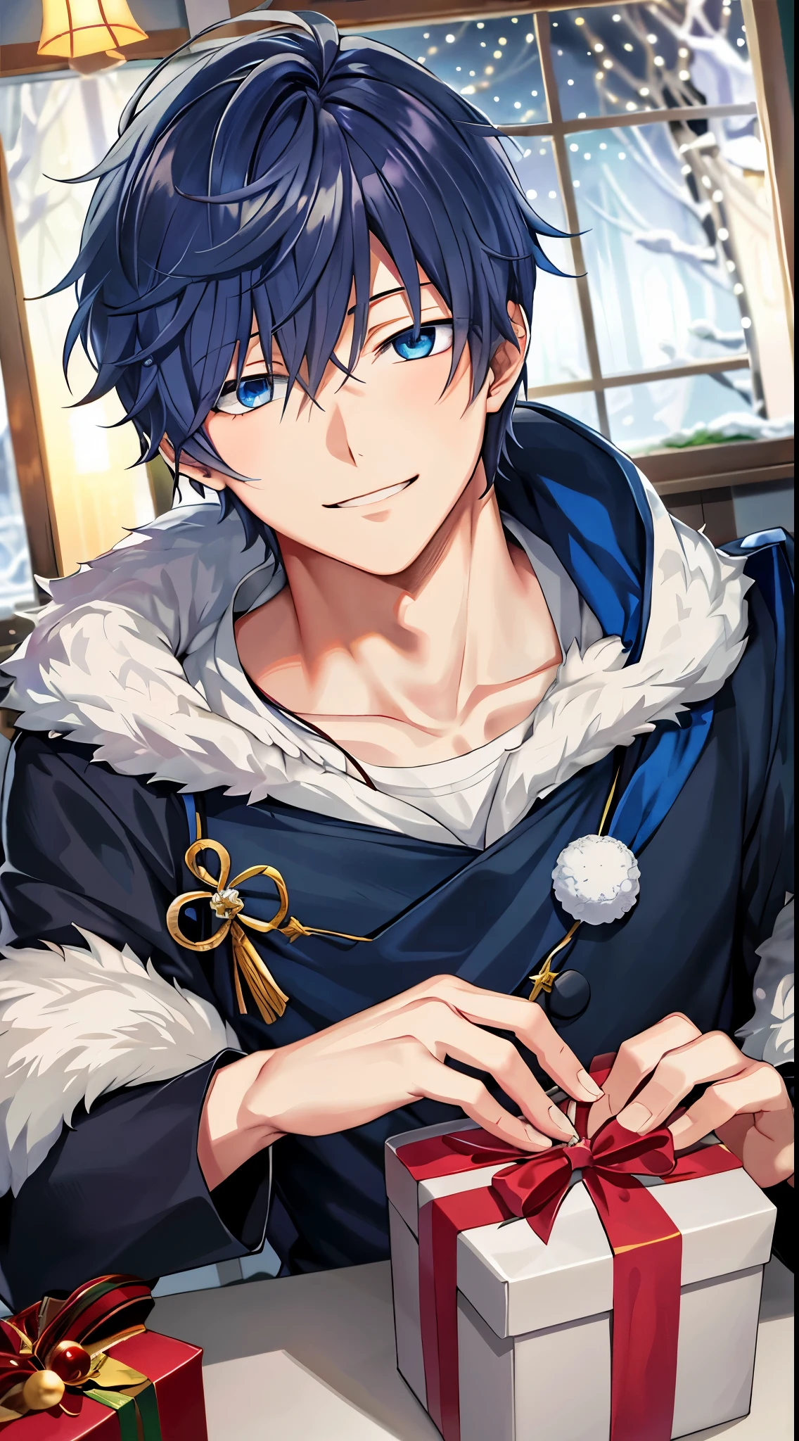 Blue-eyed anime boy holding a present in front of the window, tall anime man with blue eyes, anime handsome guy, little smiling、inspired by Masanobu Okumura, inspired by Okumura Togyu, hijikata toushirou of gintama, zerochan art, Anime portrait of a handsome man, Handsome Anime Pose, zerochan、Christmas night outside the window、Colorful lights