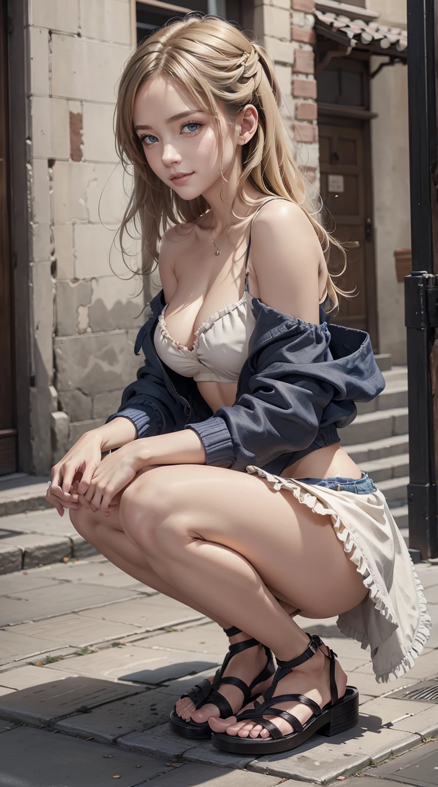 24-year-old Caucasian woman、Hair is blonde、Eye color is blue、Semi-long、Slender but well-proportioned muscular man、She is wearing an off-shoulder top with frilly frills.、Wearing a jacket、She is wearing a low-rise pleated skirt.、I'm wearing sandals、I'm in a cobbled alley in an old European city、a smile、Facing to the side、squatting
