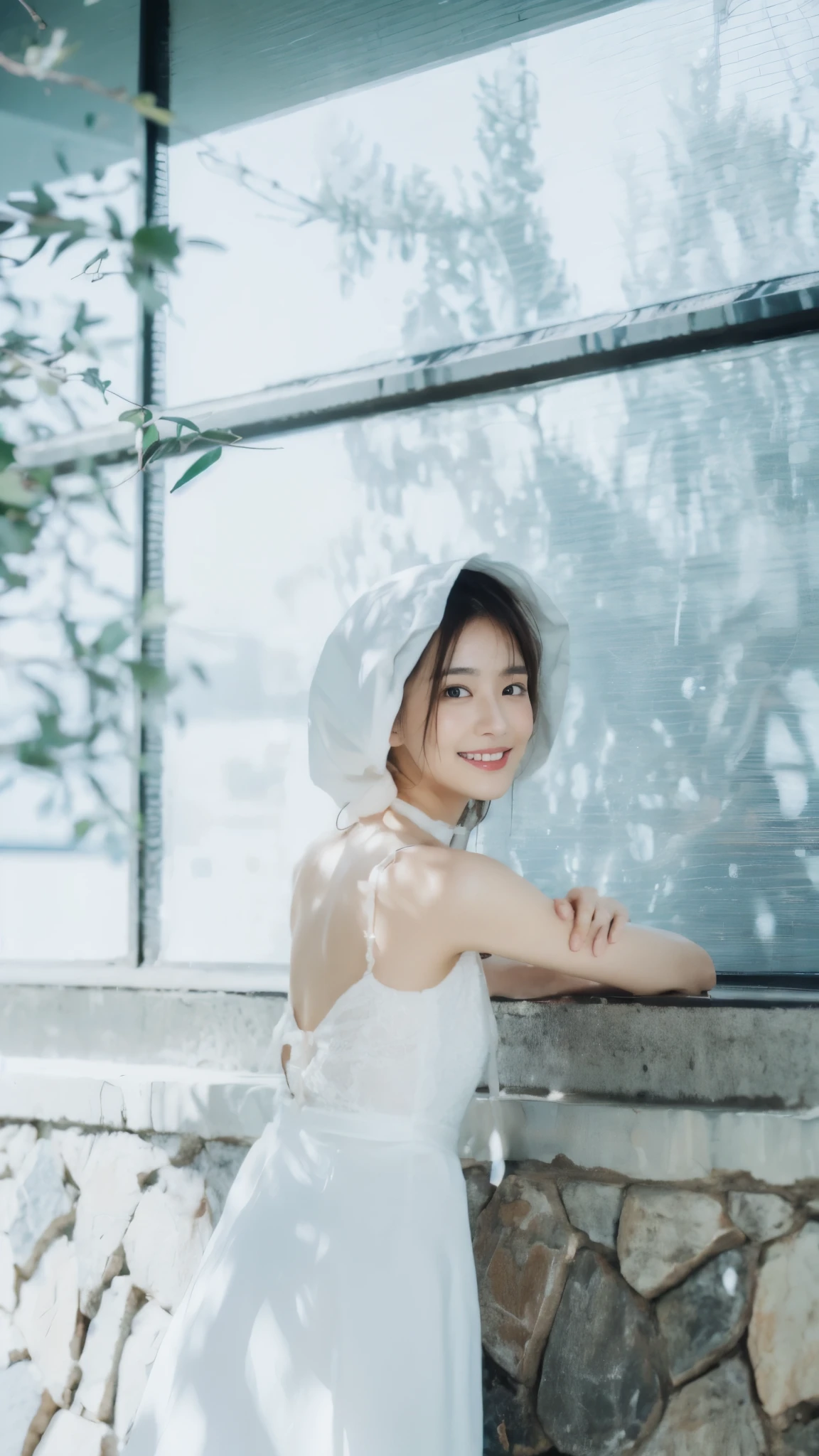 (On a table, Best quality, realistically, ultra - detailed, meticuloso, A high resolution, 8k wallpaper), Close-up portrait of a beautiful woman, Chariada, Smiling, light brown messy hair, Perfect dynamic composition, 美丽meticuloso的眼睛, Just like the cover of a fashion magazine, On campus