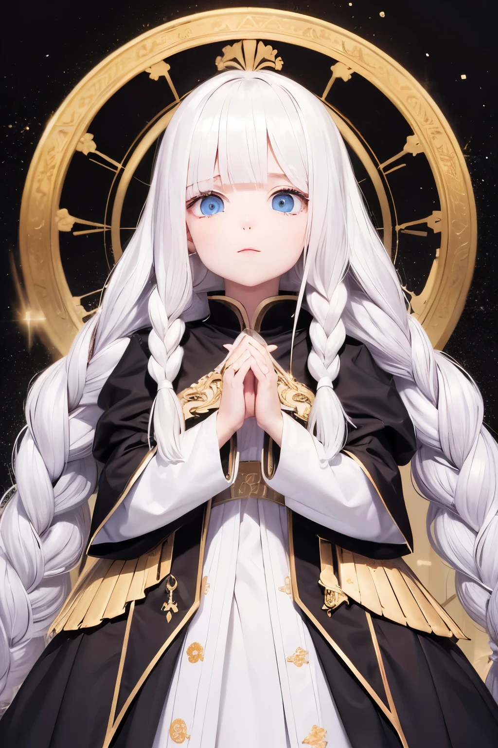 Manteau blanc，white skinned，whaite hair，long braid，Golden eyes，Look up，The upper part of the body，Need，tmasterpiece