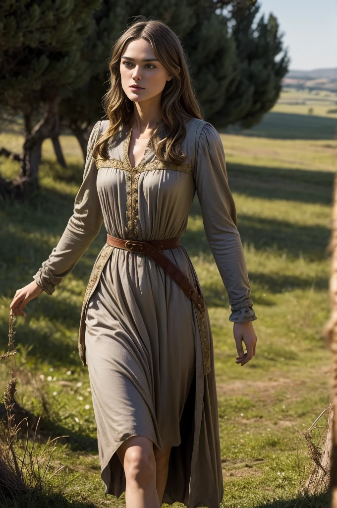 Keira Knightley,Medieval period,campos de trigo, simples atrai, walking in a berautiful medieval landscape, cena de filme apaixonada e descobrindo sua inocencia ,e pureza , skinny body, petite body, knees to head shot