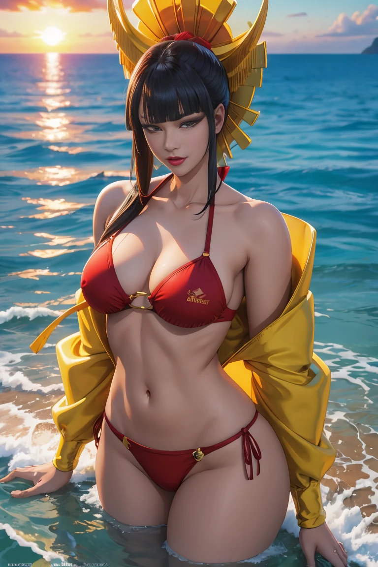 master part, best quality, SShutaraV4, 1girl, sozinho, Olhando para o Viewer, leve sorriso, cabelos longos, franja, blunt franja, cabelo sidelocklack eyelack:1.4),  enormes, maquiagem, batom, red batom, micro biquini, Sunset, ao ar livre, mar, water, areia, anime coloring, realismo, master part, pele texturizada, Super Detalhe, High detail, alta qualidade, melhor qualidade, 1080P, 16k, realista, 8k, Cinema 4D, Artgerm extremamente detalhado, [ Arte Digital 4K ]